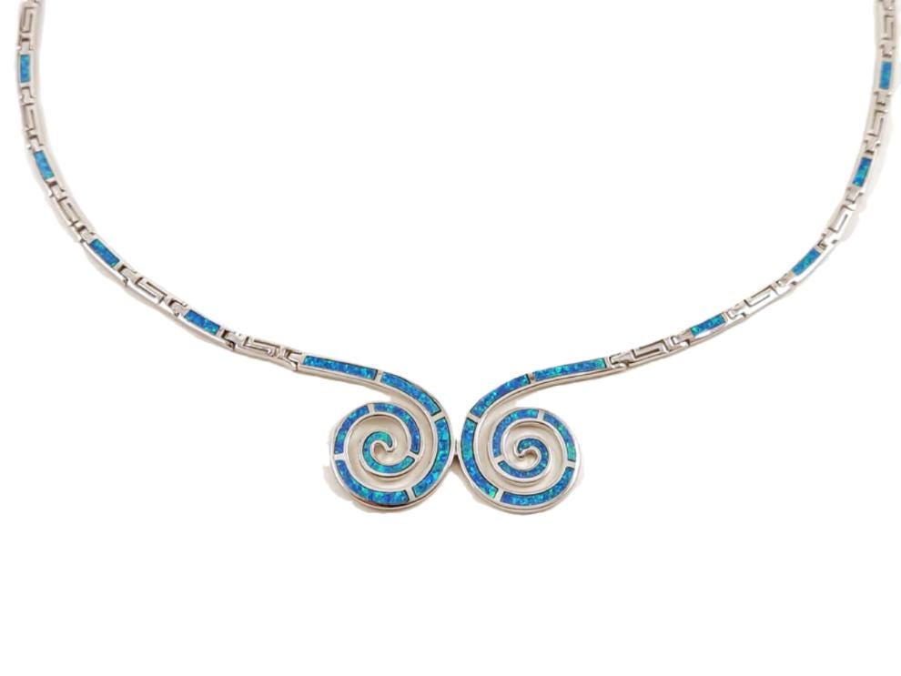 Blue Opal Double Spiral Necklace, Greek Key Meander Design