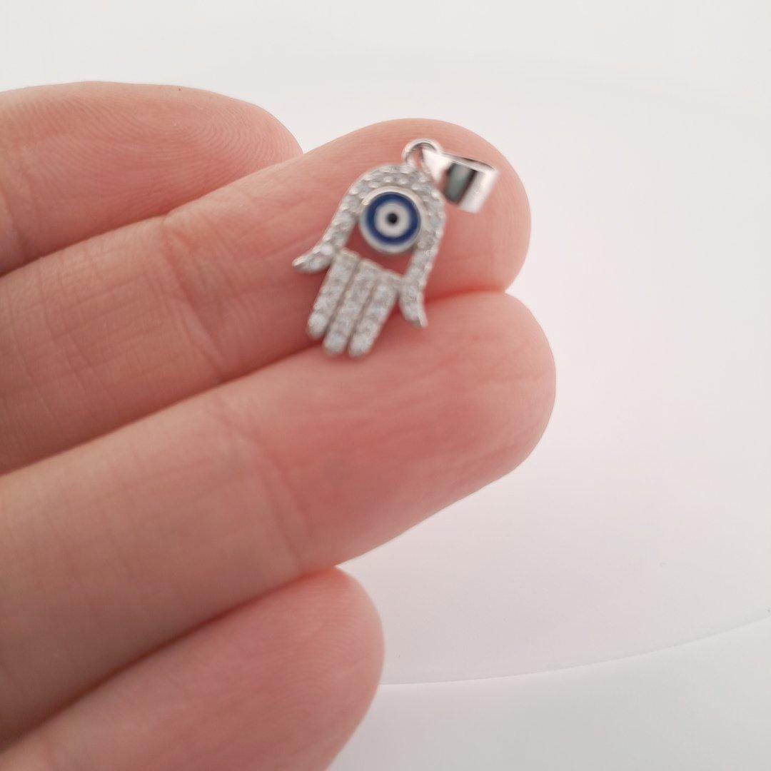 Silver Hamsa Pendant - Blue Evil Eye Necklace with Zirconia Charm, Protection Talisman
