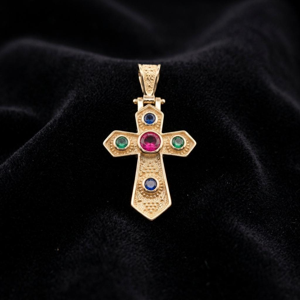 Byzantine Cross Pendant – Gold Multicolor Gemstone Antique Greek Jewelry Charm