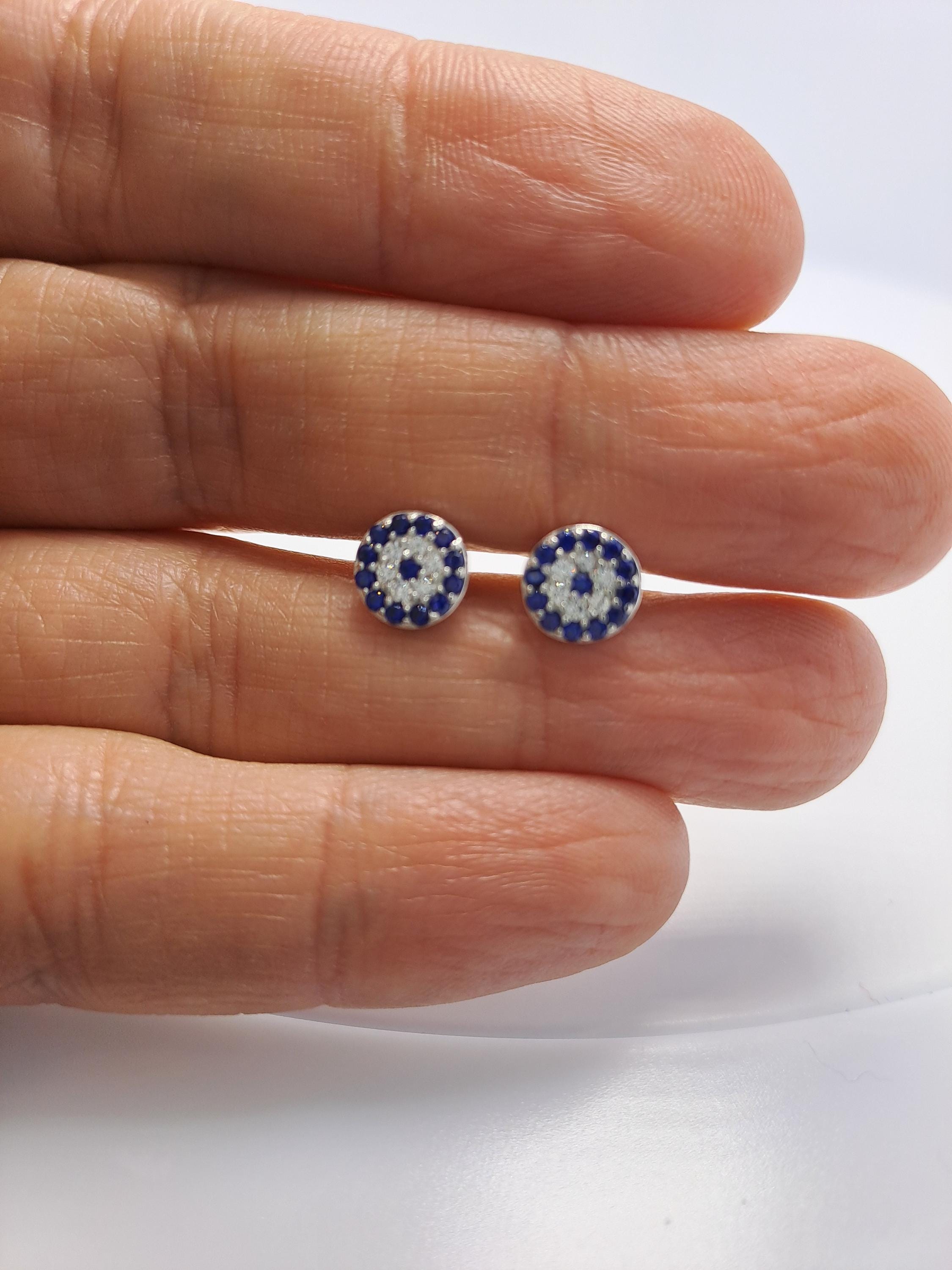Evil Eye Stud Earrings - Blue Zirconia, Silver Tone, Sapphire Halo Protection Jewelry