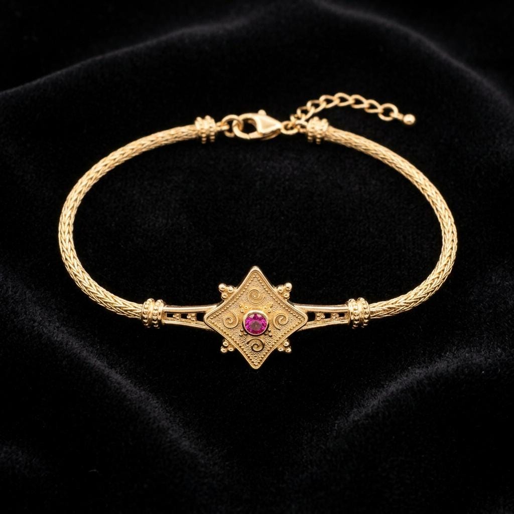 Gold Plated Bracelet - Sterling Silver Byzantine Style Woven Chain with Red Gemstone