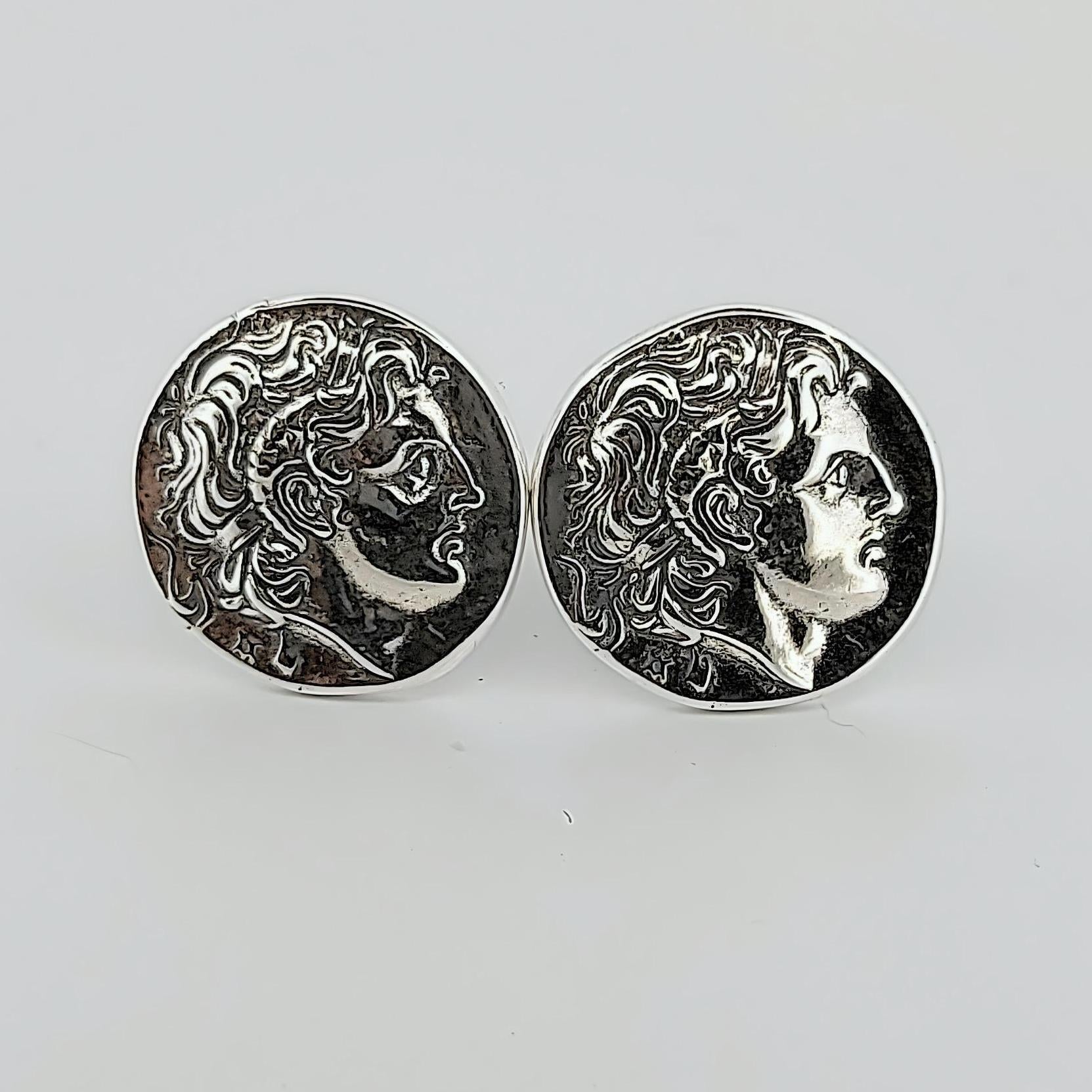 Sterling Silver 925 Alexander The Great Cufflinks, Round Design, Classical Style