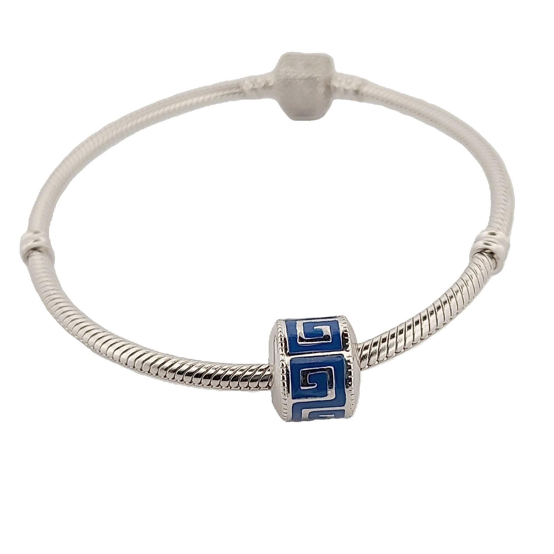 Greek Key Blue Enamel Sterling Silver Charm Bead: Pandora Compatible
