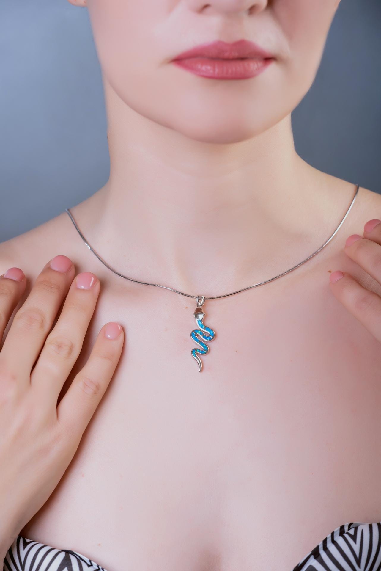Sterling Silver 925 Snake Pendant with Blue Opal Inlay