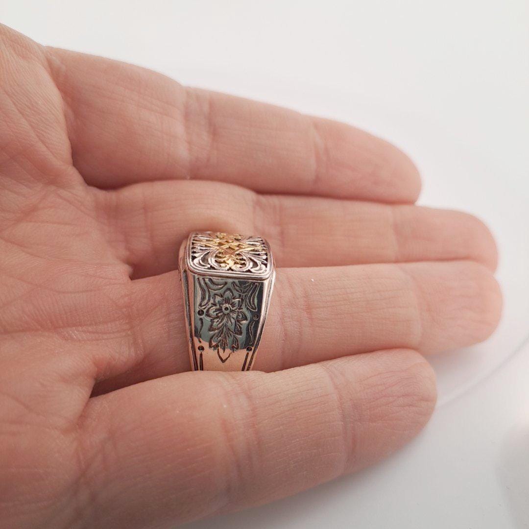 Byzantine Silver Ring – Gold Plated Band With Ornate Cross And Scrollwork Design