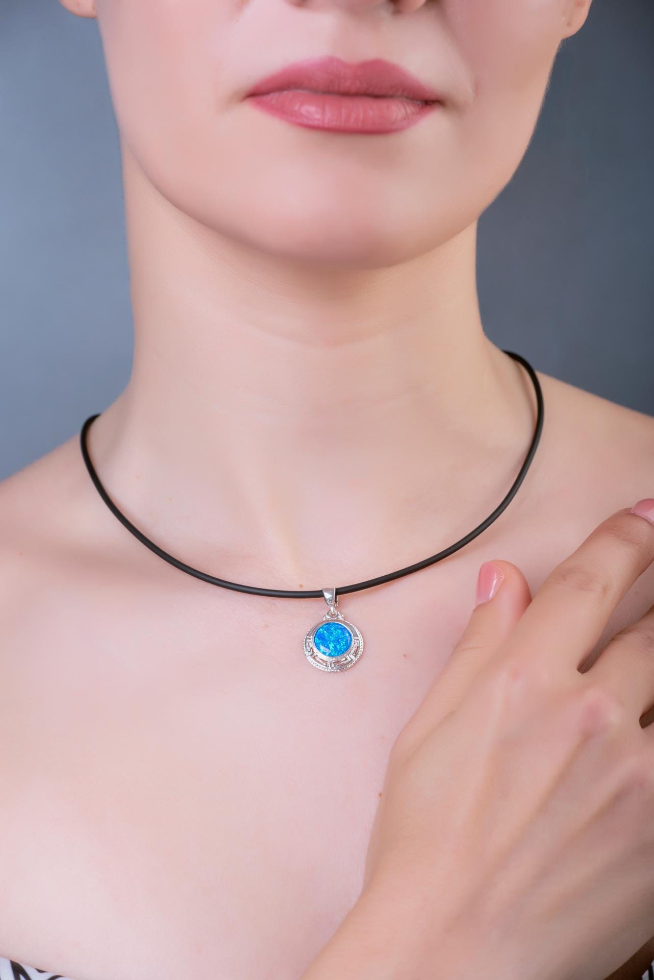Blue Opal Silver Pendant: Greek Key Necklace