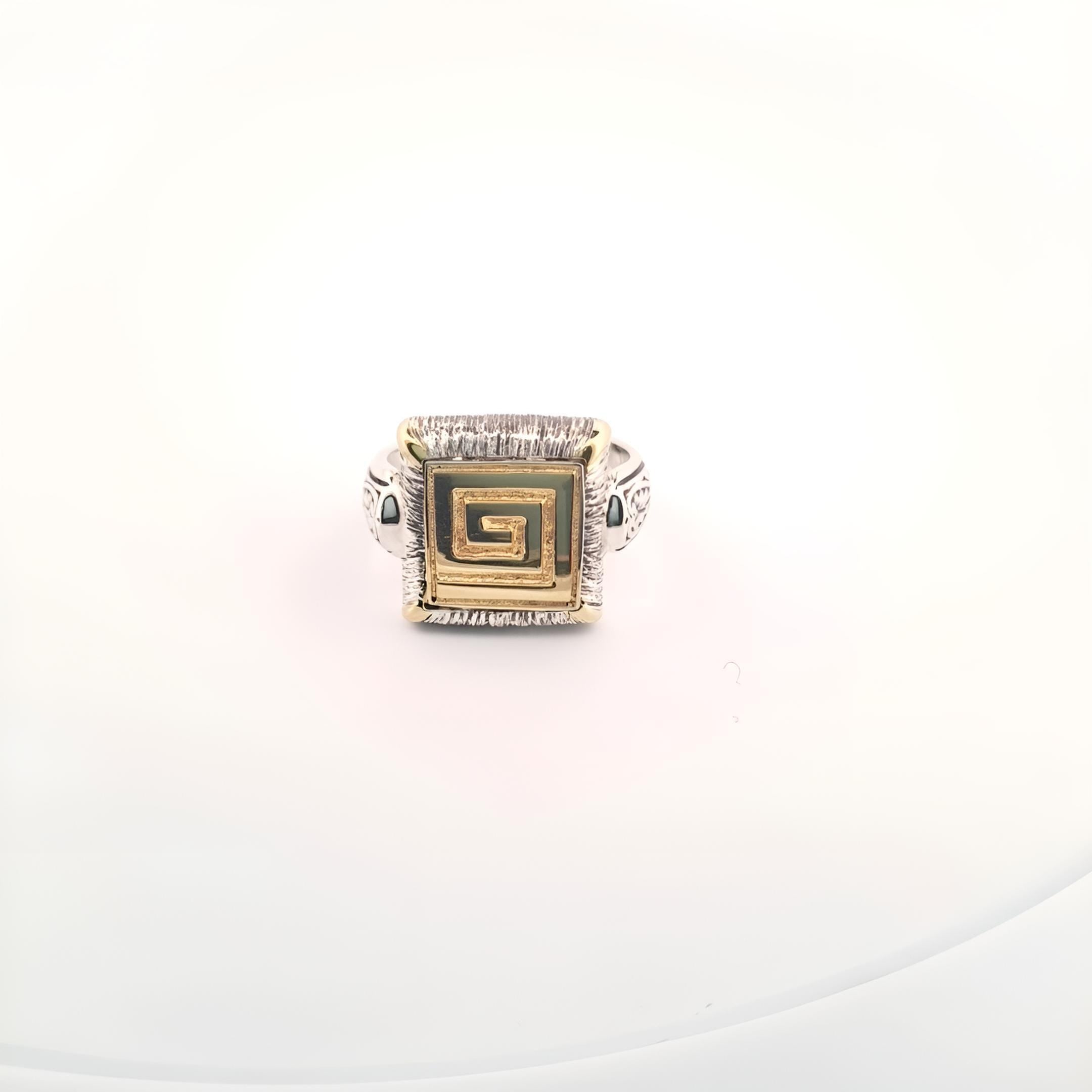 Byzantine Statement Ring – Two Tone Gold Silver Ornate Square Band
