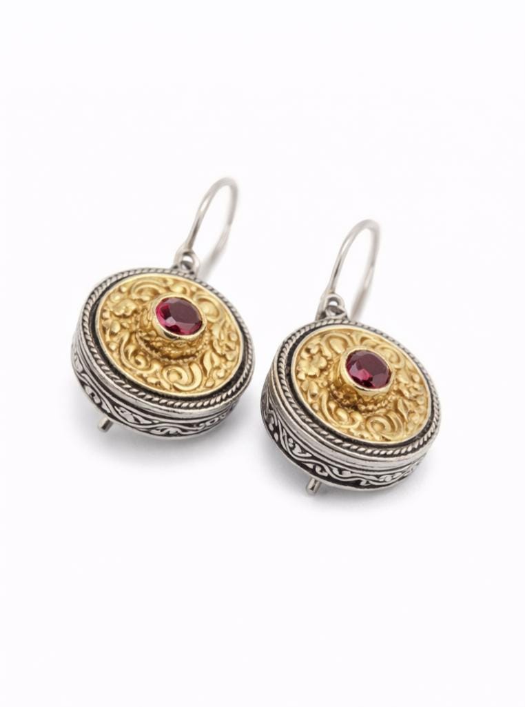 Gold Plated Ruby Earrings – Two Tone Dangle Earrings with Vintage Filigree Design