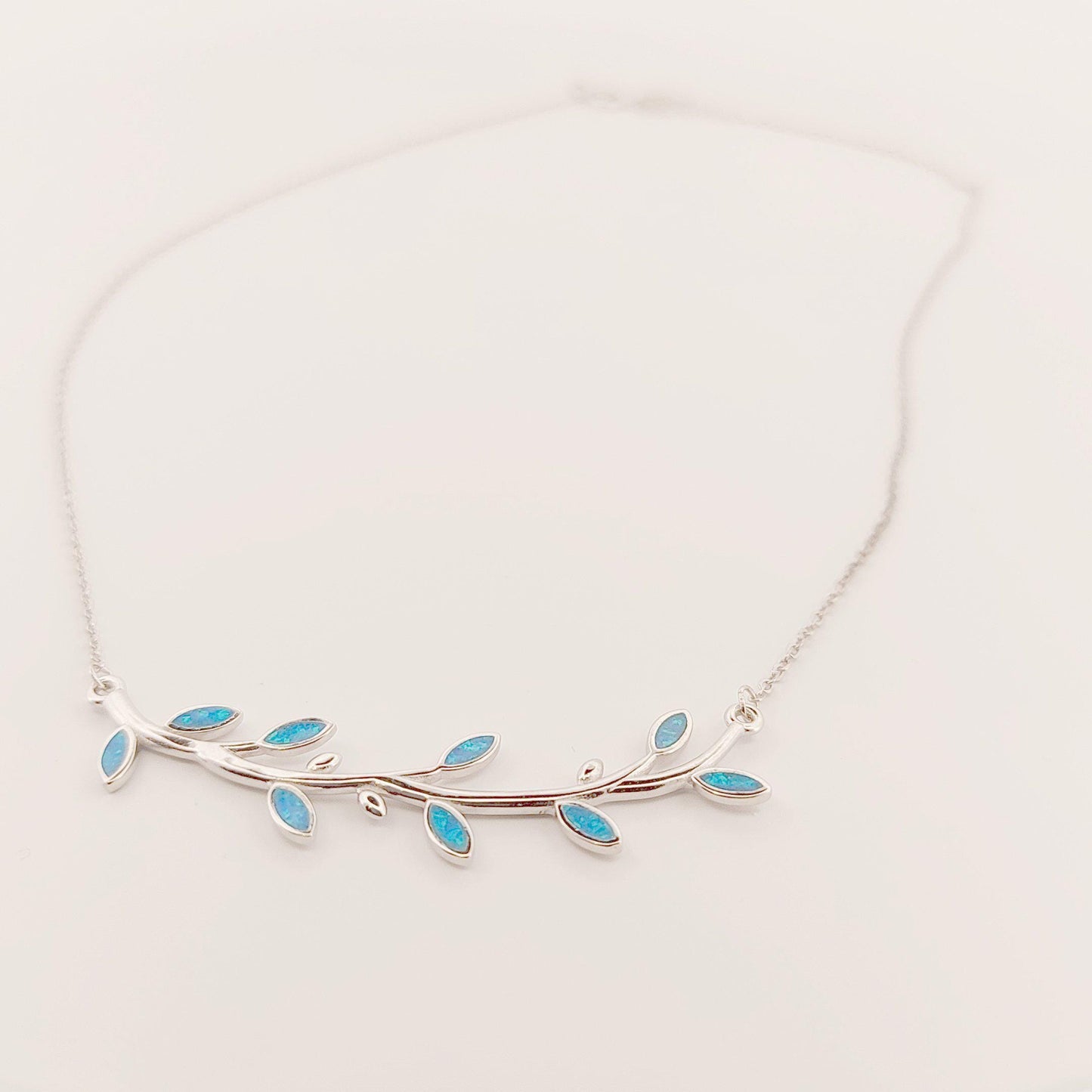 Silver Blue Opal Olive Branch Leaf Pendant Necklace, Greek Mythology Inspired Design