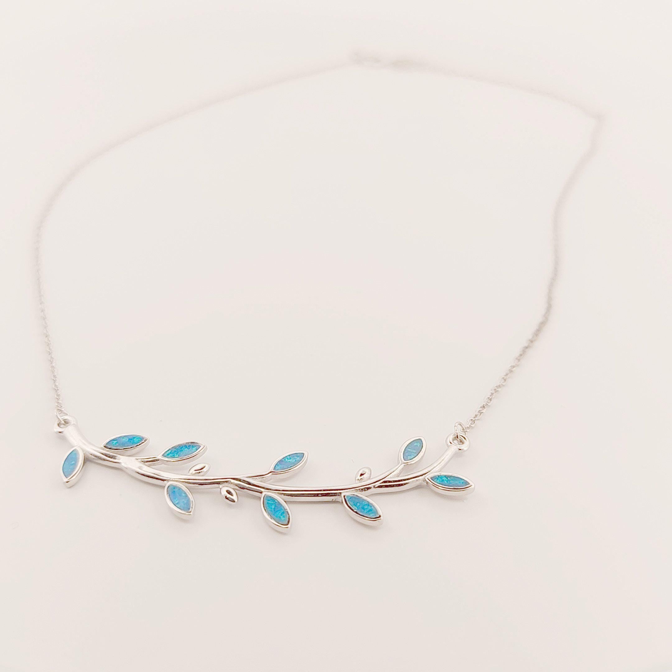 Silver Blue Opal Olive Branch Leaf Pendant Necklace, Greek Mythology Inspired Design