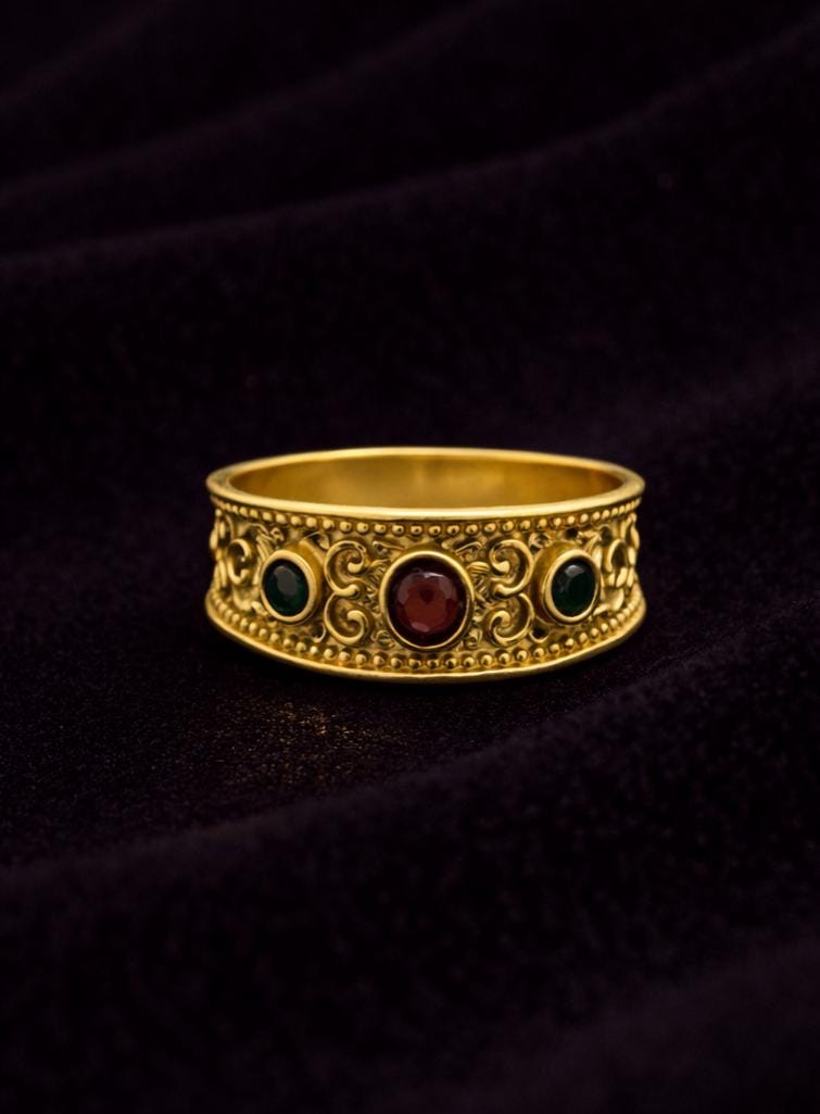 Byzantine Filigree Ring – Gold Statement Band with Red & Green Zircon Jewelry
