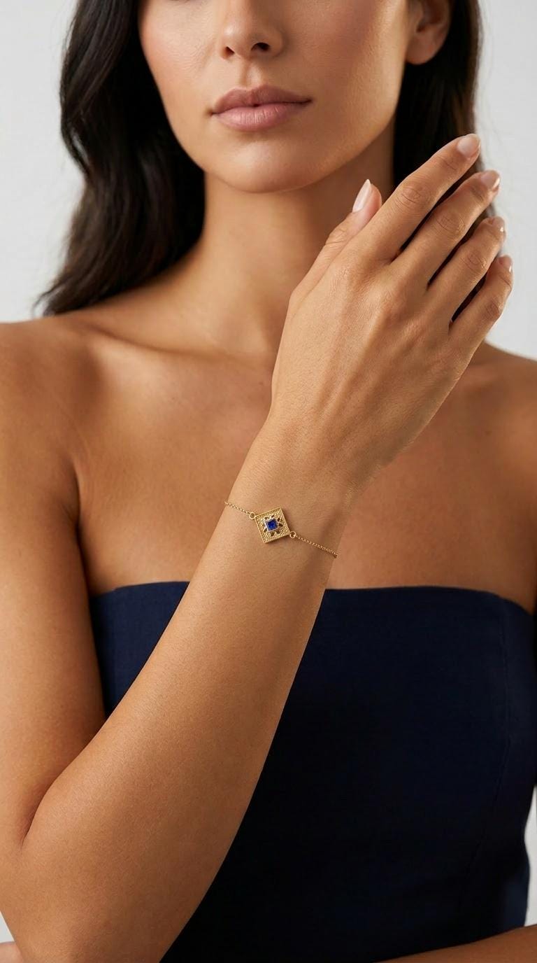 Gold Plated Bracelet – Sterling Silver Byzantine Style With Blue Gemstone Charm