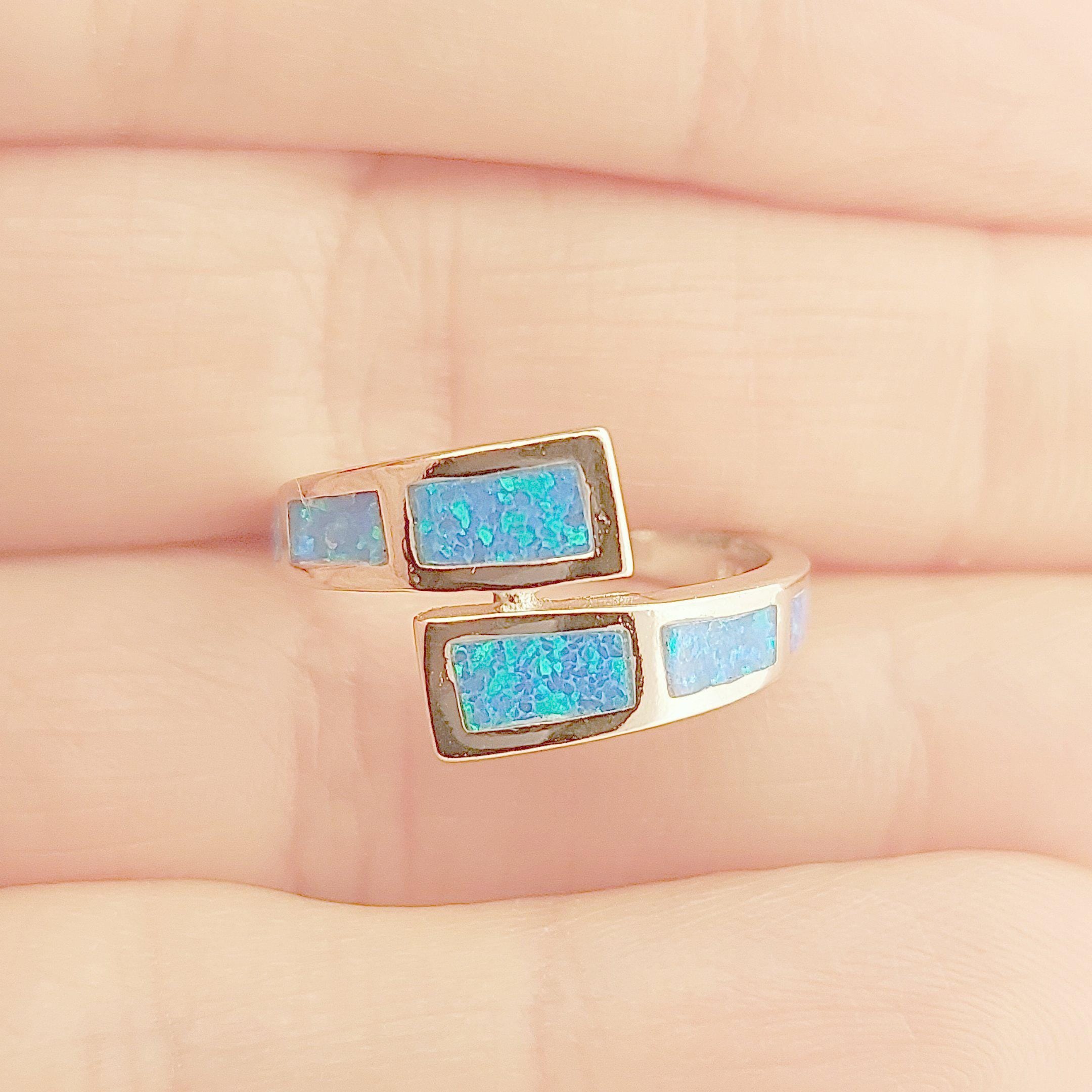 Silver Opal Ring, Inspired from Greek Colors, Elegant Wrap-around Design