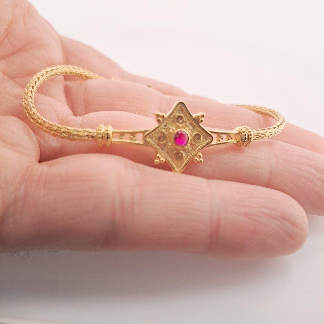 Gold Plated Bracelet - Sterling Silver Byzantine Style Woven Chain with Red Gemstone