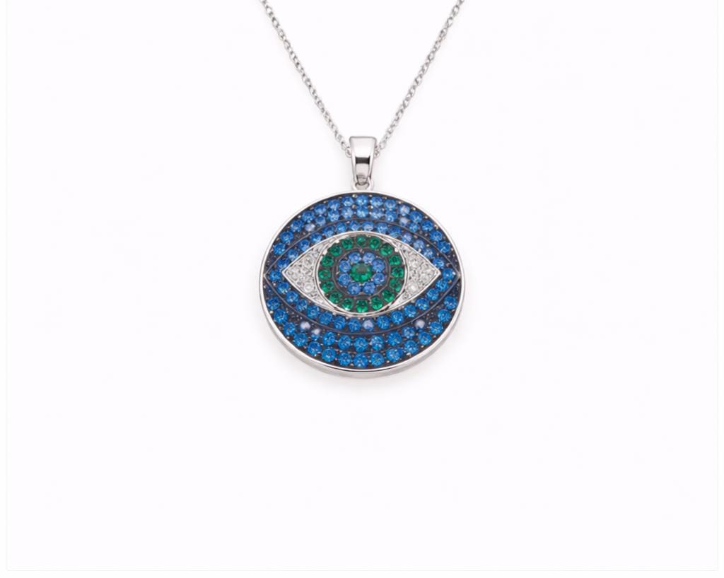 Evil Eye Pendant Necklace - Silver Zirconia Eye Charm with Blue Green Stones