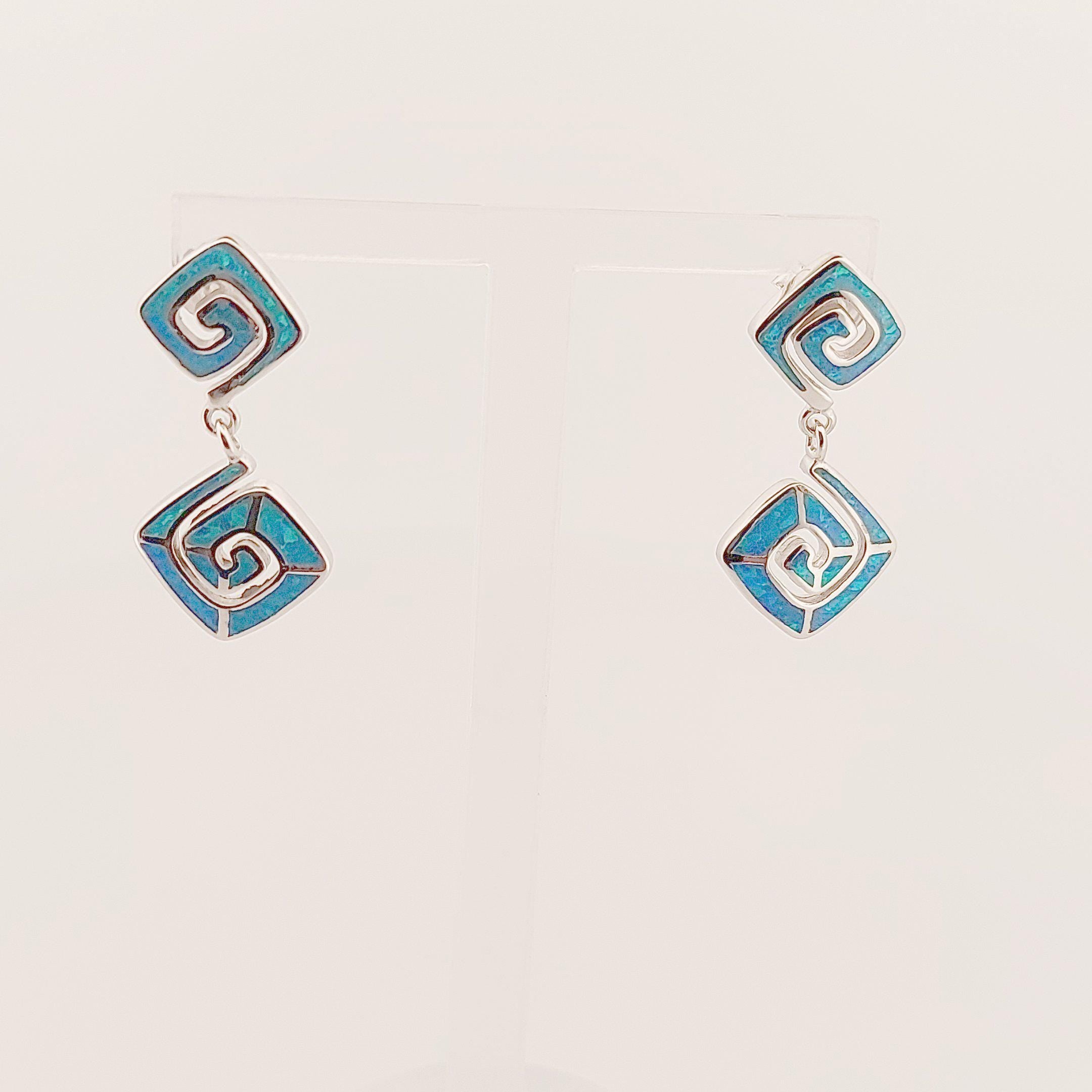 Sterling Silver Greek Key Dangle Earrings: Blue Opal Inlay