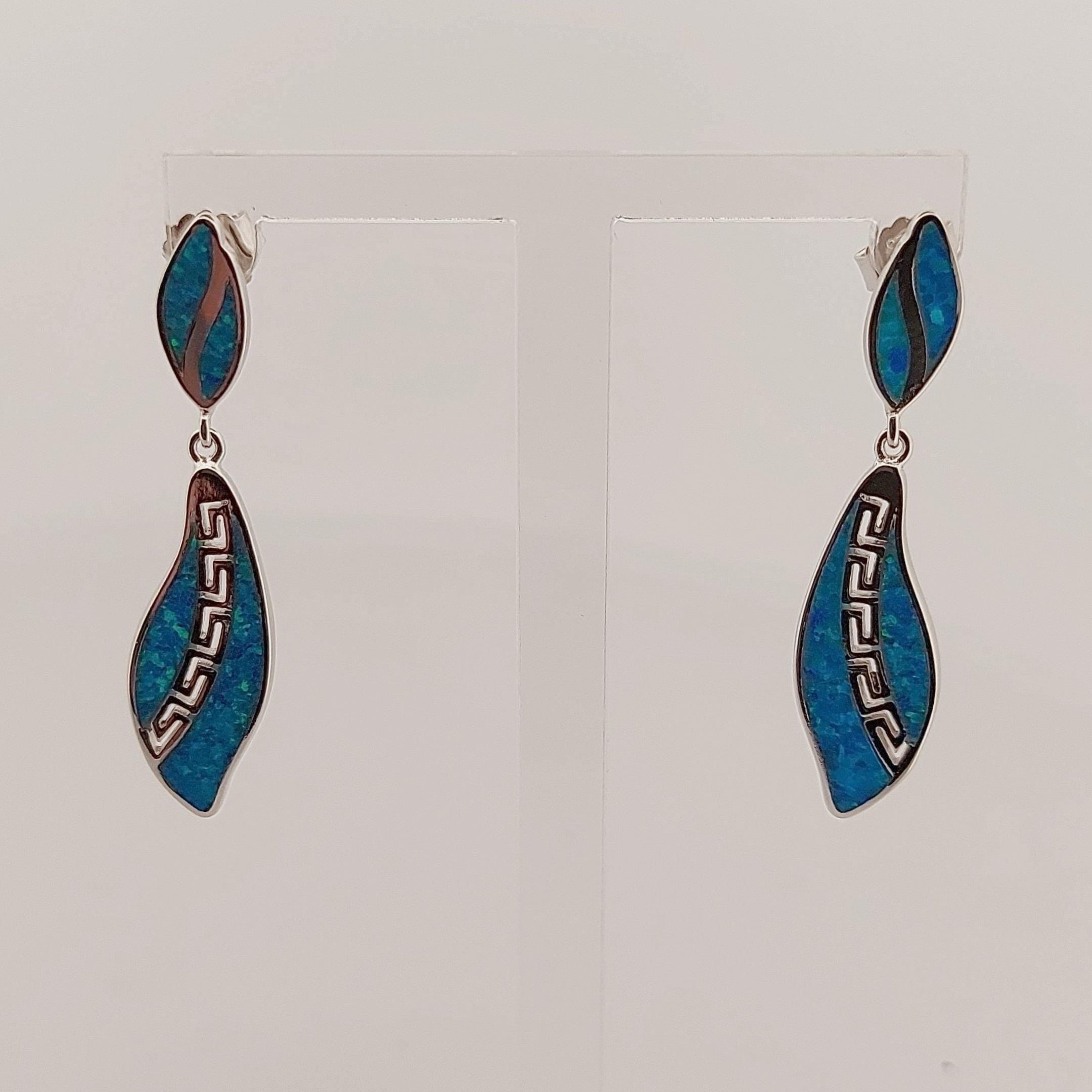 Blue Opal Dangle Earrings: Sterling Silver Greek Key Design