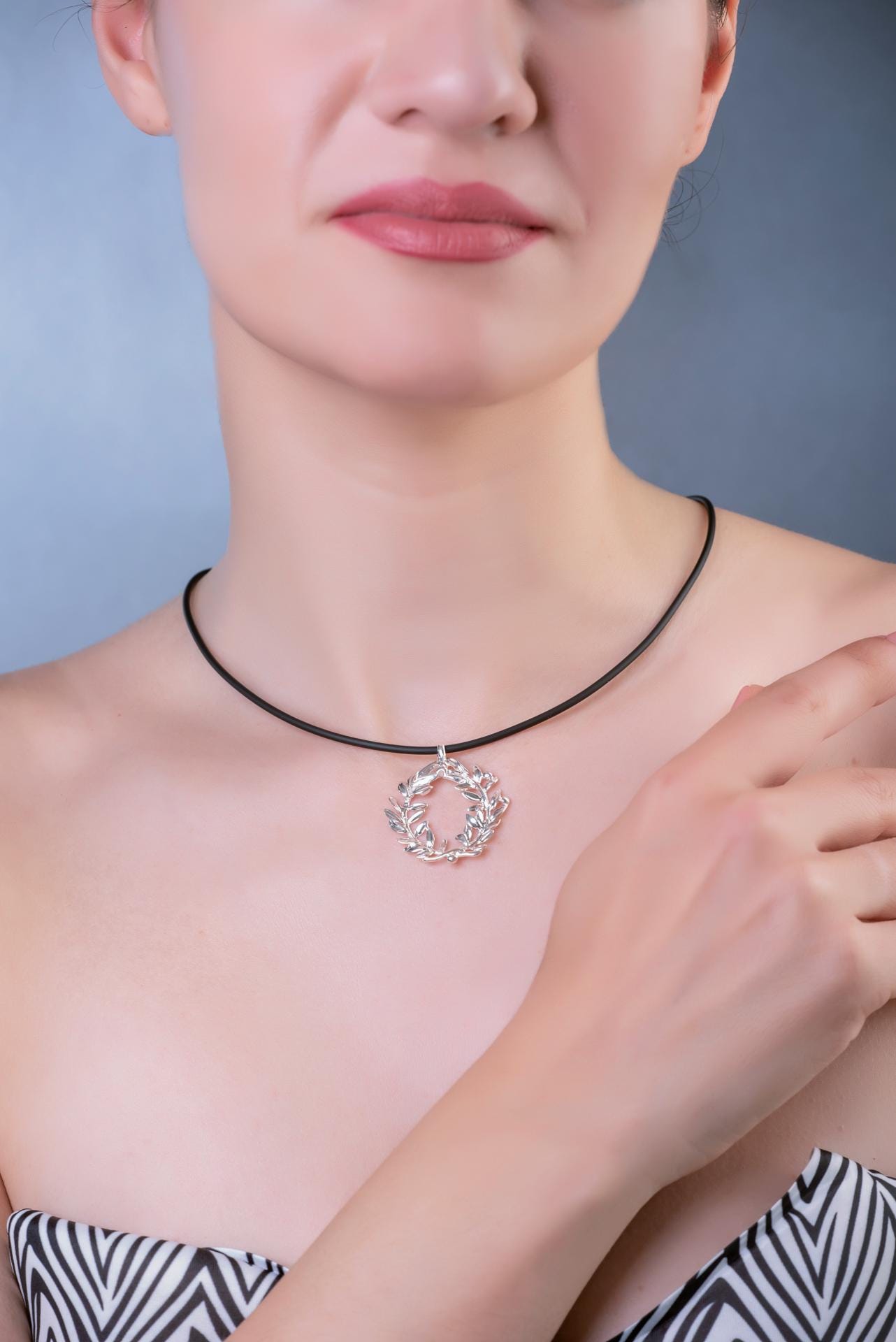 Greek Olive Wreath Sterling Silver Pendant, Leaf Silver Charm