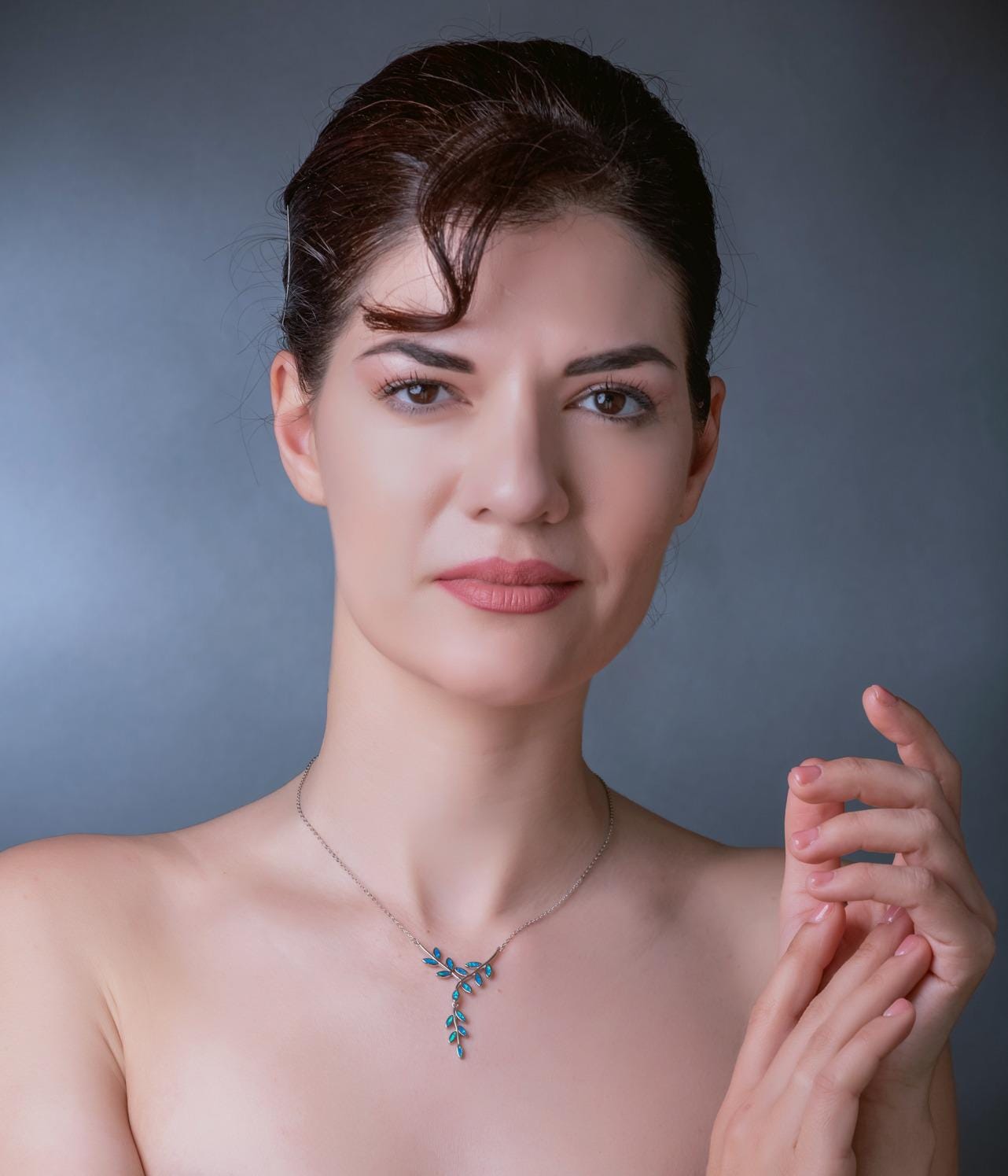 Sterling Silver Blue Opal Olive Branch Leaf Pendant Necklace