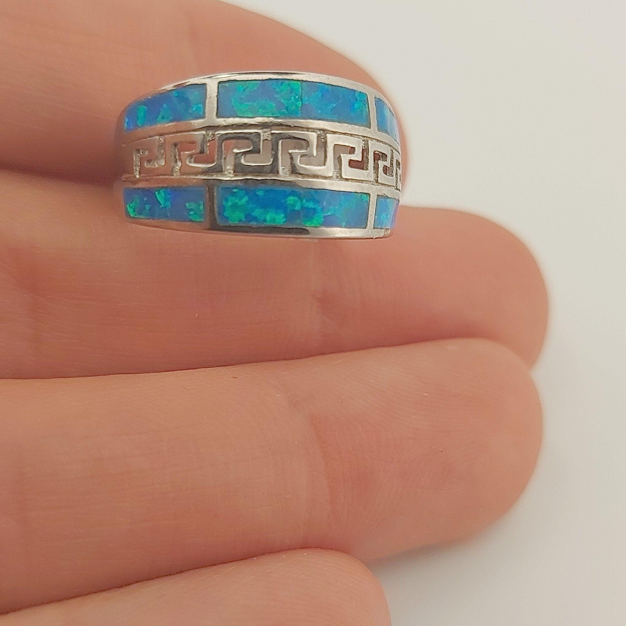 Blue Opal Ring, Sterling Silver Greek Key Meander Design, Statement Band
