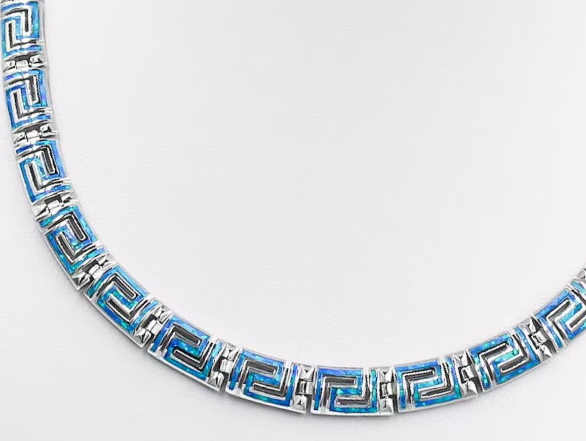 Blue Opal Necklace, Meander Greek Key, Silver 925, Ancient Greek Design