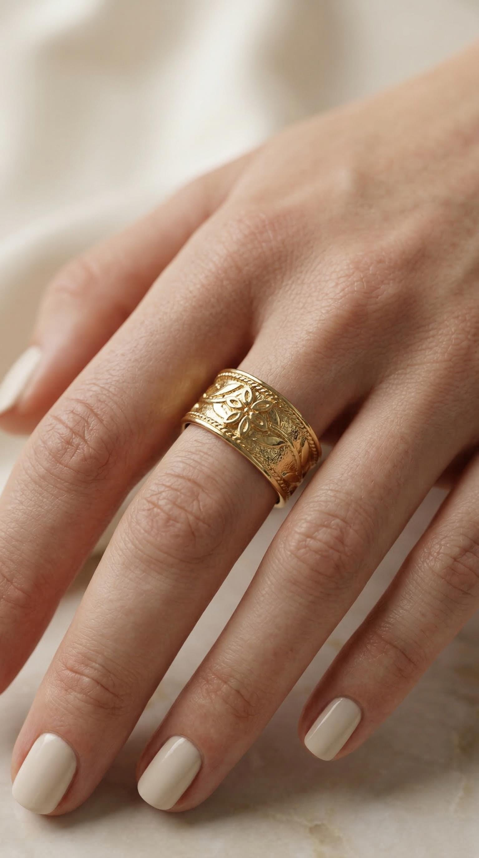 Byzantine Floral Cuff Ring – Adjustable Ornate Leaf Band with Classic Gold Finish