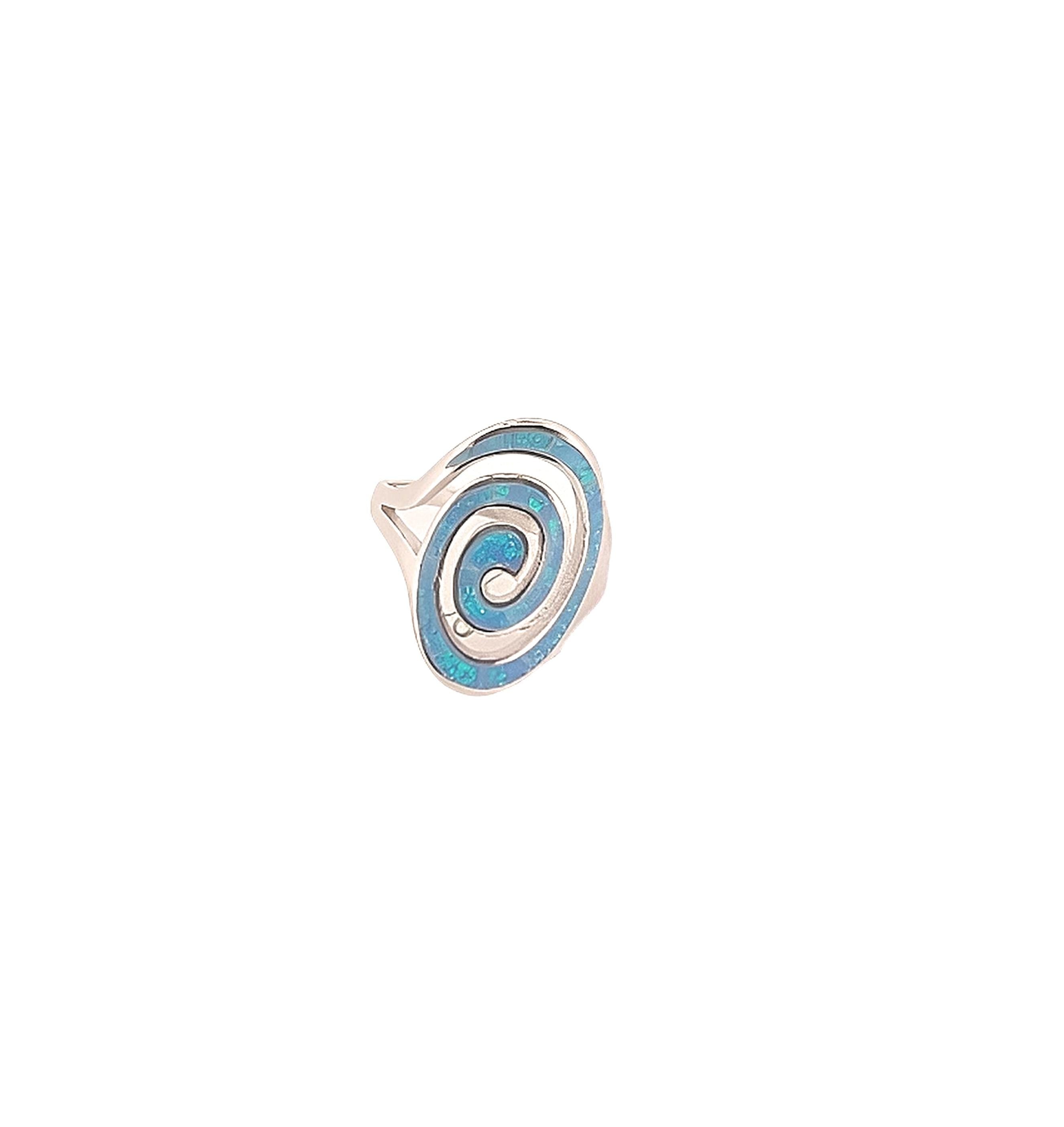 Blue Opal Silver Ring, Greek Key Spiral Design, Statement Ring