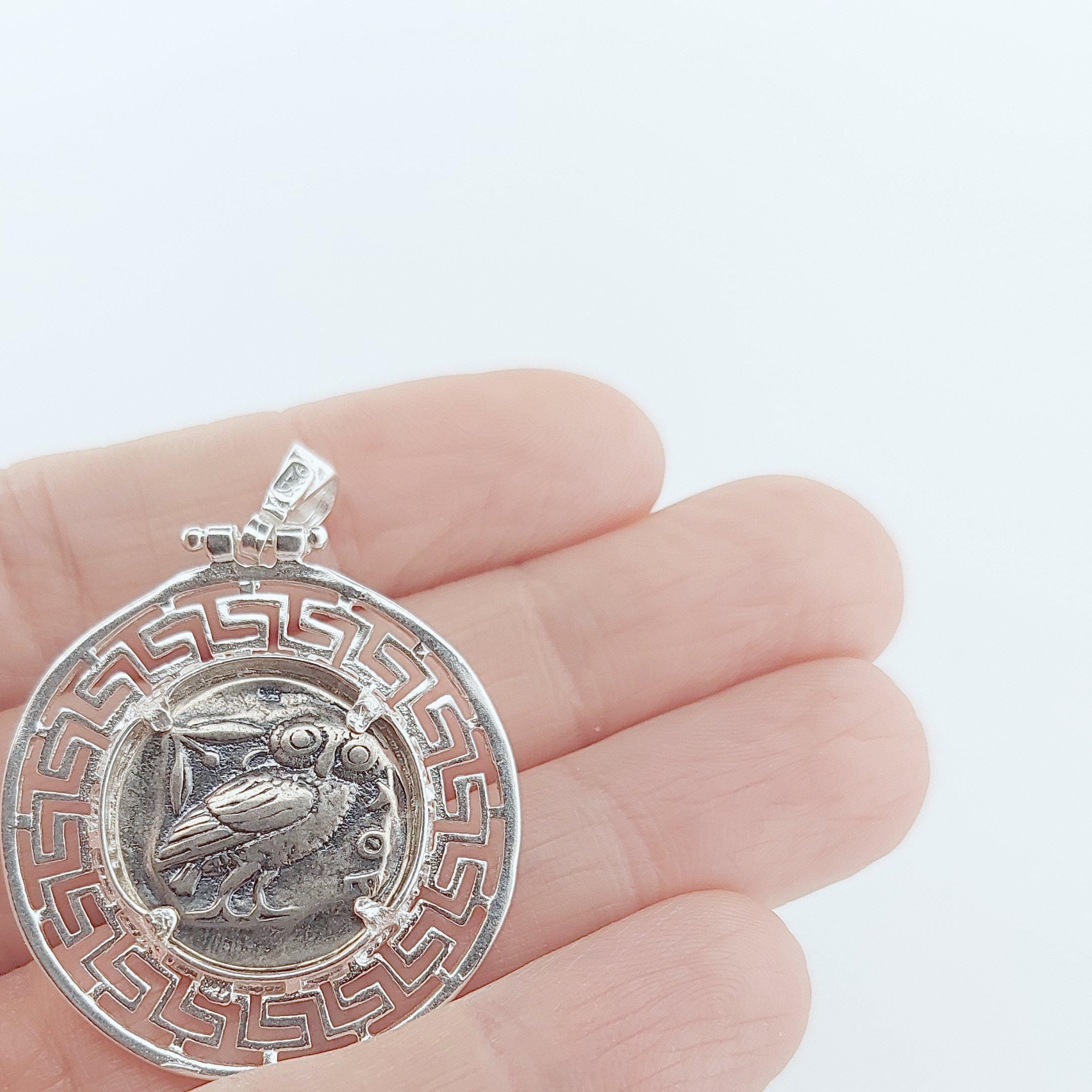 Sterling Silver Greek Pendant: Acropolis & Athenian Owl Coin