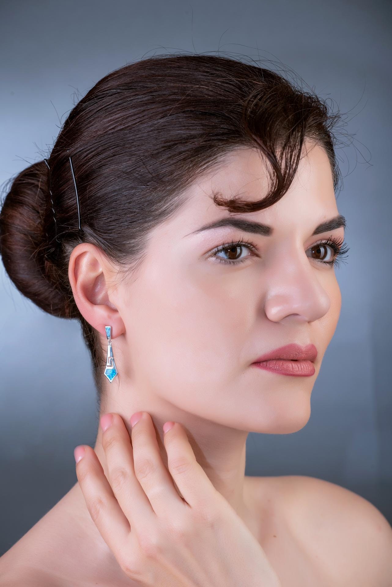 Sterling Silver Blue Opal Dangle Earrings: Greek Key Diamond Design