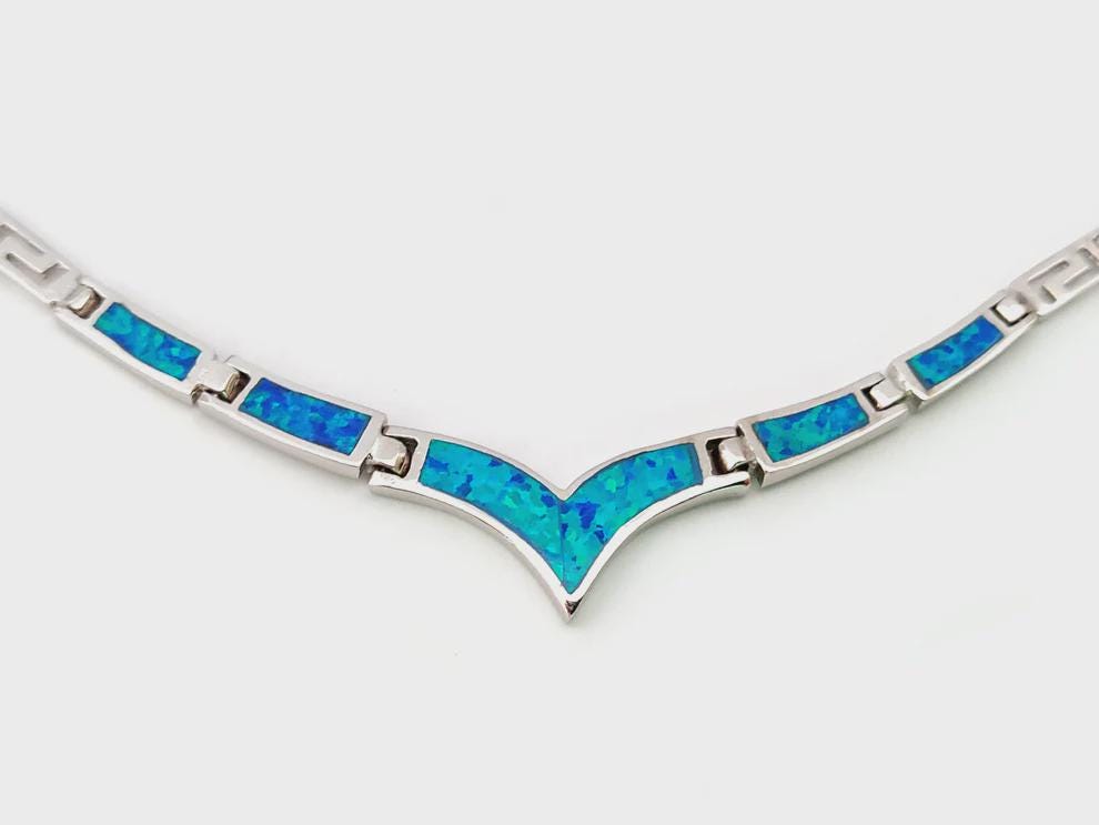 Blue Opal V-Shape Necklace, Greek Key Meander Design