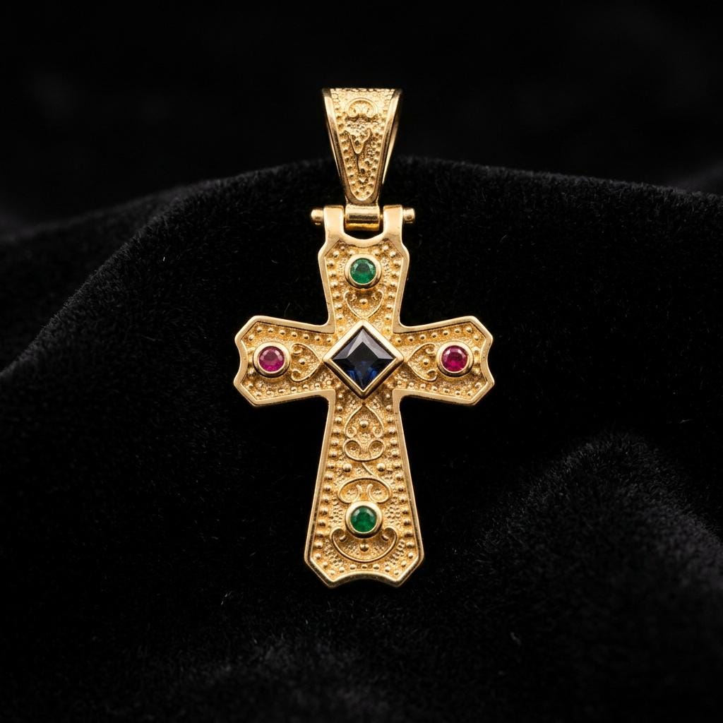 Gold Plated Cross Pendant – Byzantine Cross Jewelry with Blue Gemstone & Antique Style