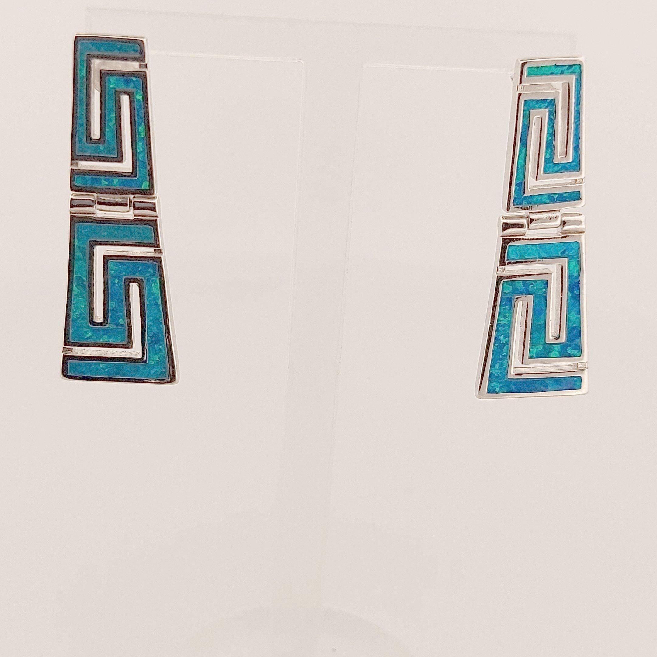 Sterling Silver Blue Opal Dangle Earrings: Greek Meander Design