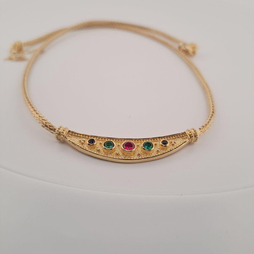 Byzantine Necklace – Gold Plated Multicolor Gemstone Necklace with Greek Key Design