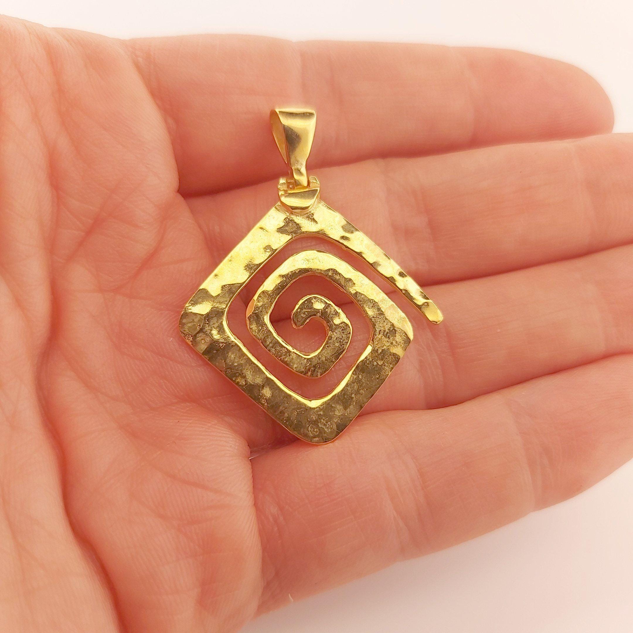 Hammered Gold Plated Silver Pendant: Greek Key Meander Design