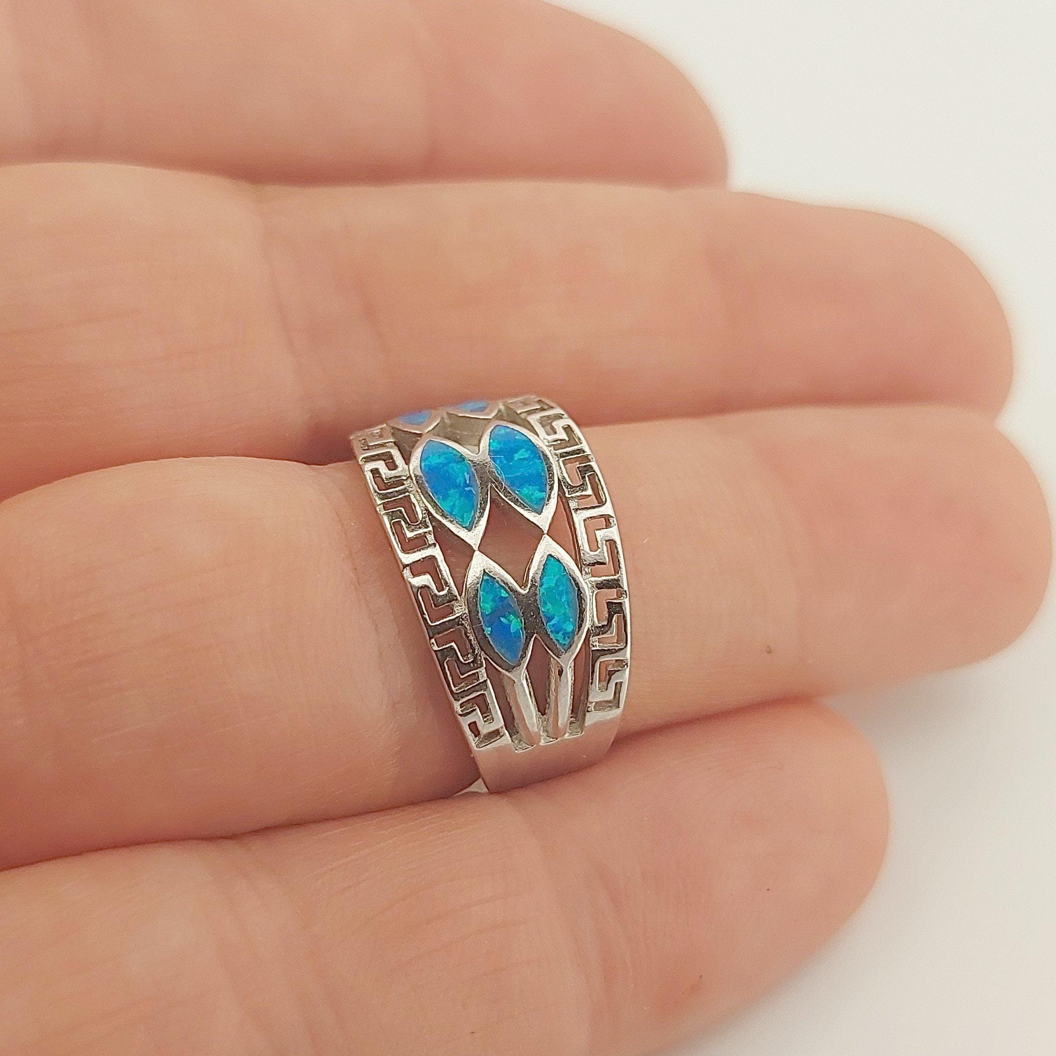 Blue Opal Ring Marquise Pattern, Sterling Silver Greek Key Meander Design