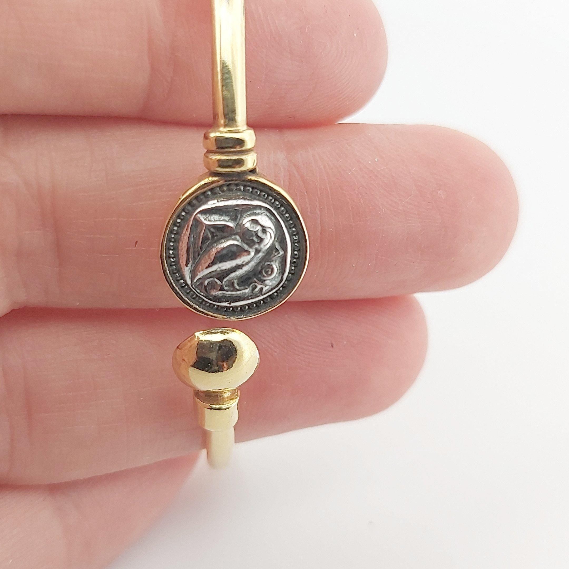 Owl Bracelet, Silver Gold Plated Bangle, Greek Mythology Inspired, Adjustable Bangle