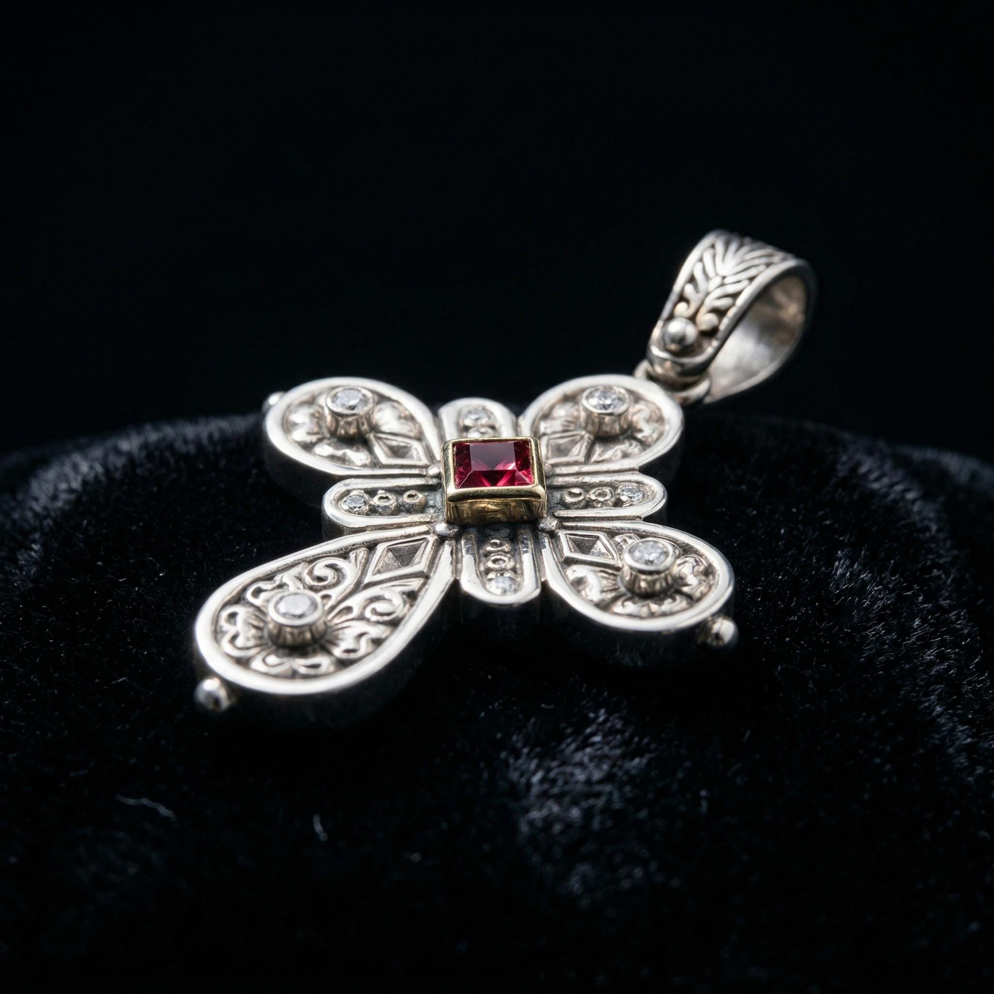 Silver Cross Pendant Byzantine Cross Jewelry – Ruby Center Pendant, Ornate Relief Design