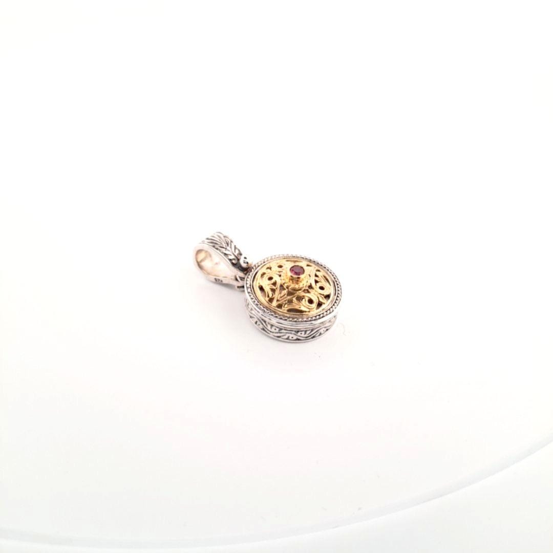 Two Tone Ruby Pendant – Byzantine Style Jewelry, Sterling Silver & Gold Plated Charm
