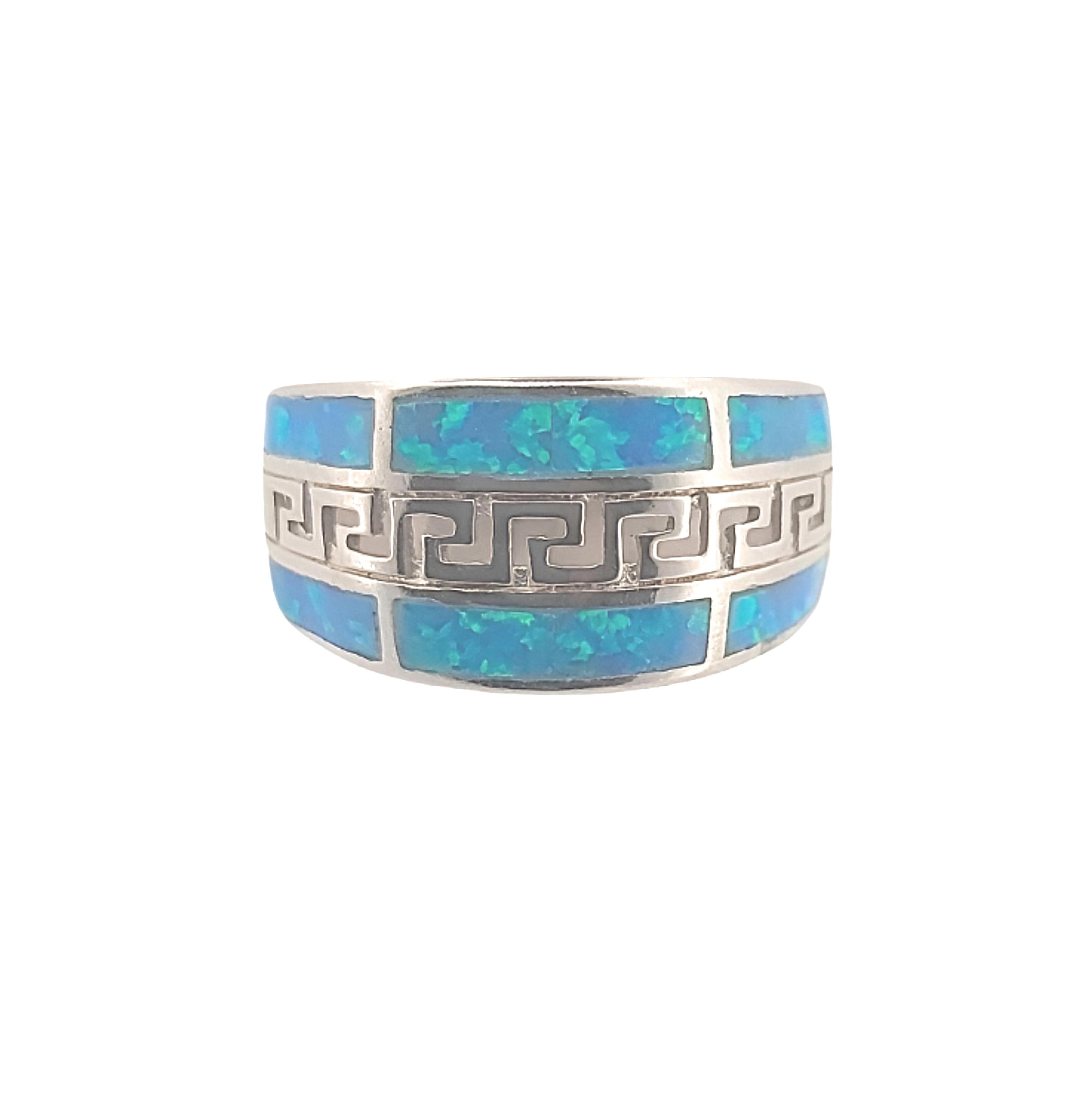 Blue Opal Ring, Sterling Silver Greek Key Meander Design, Statement Band