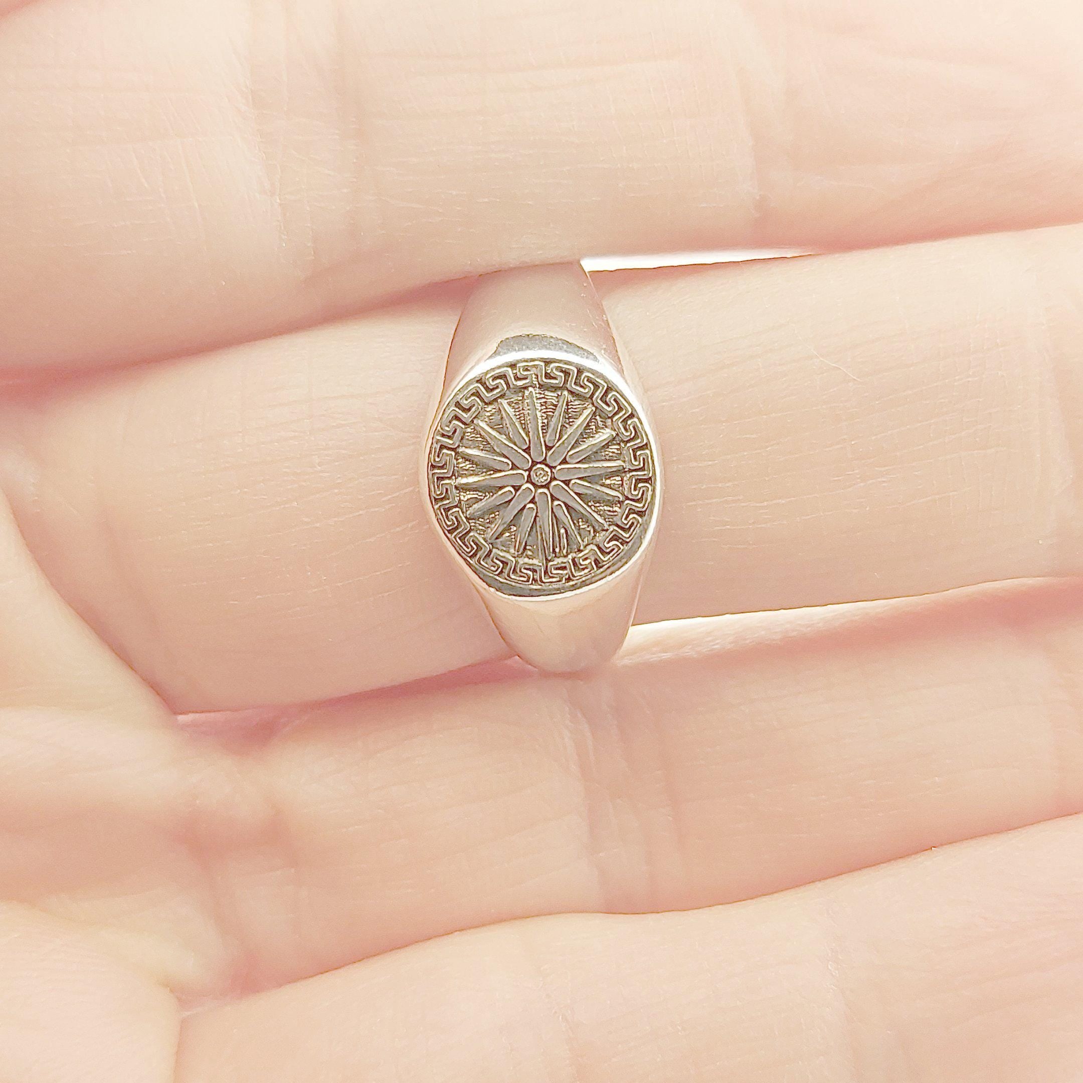 Sterling Silver Macedonian Star Signet Ring, Greek Key Pattern