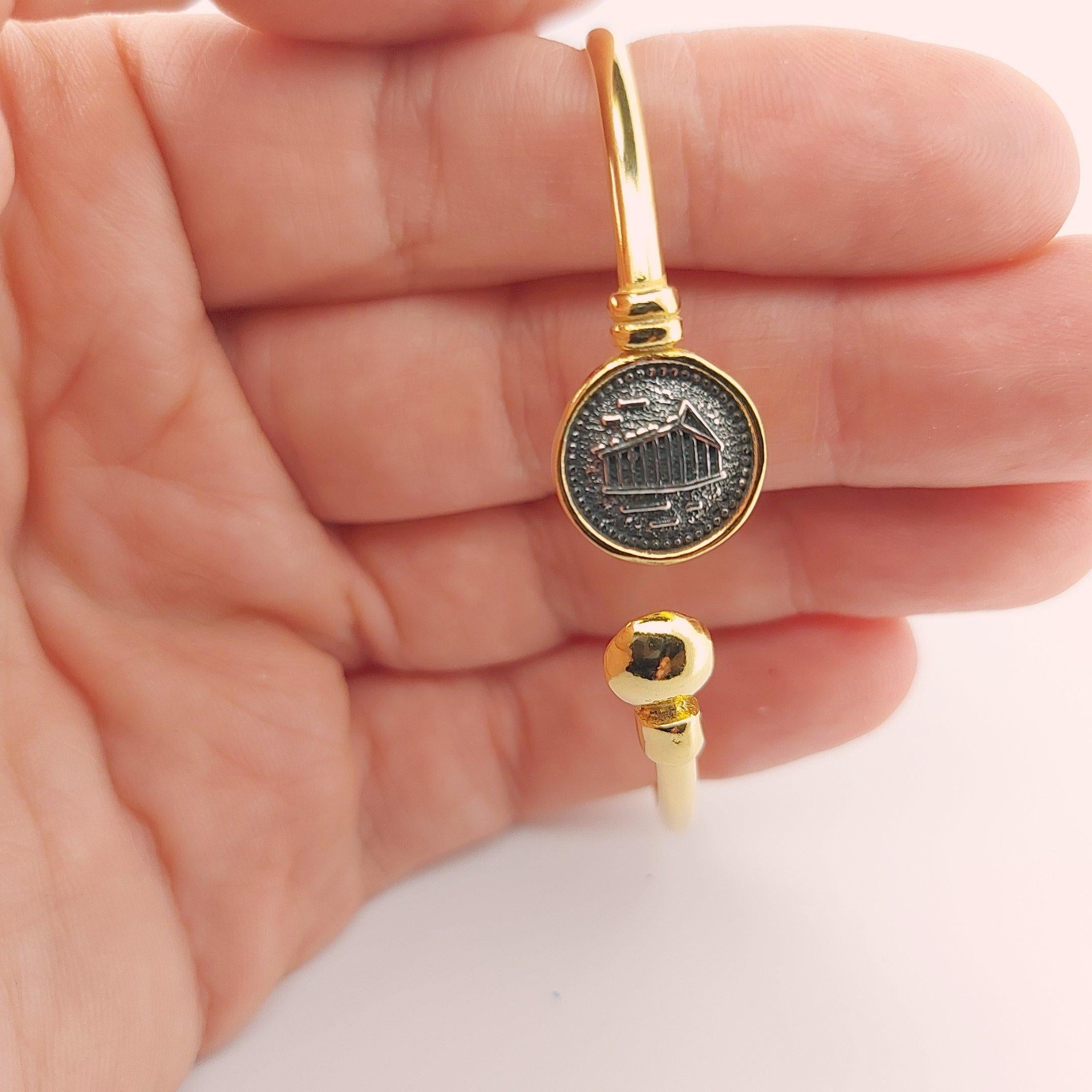 Parthenon Temple Bracelet, Gold Plated Silver, Greek Acropolis Design, Adjustable Bangle