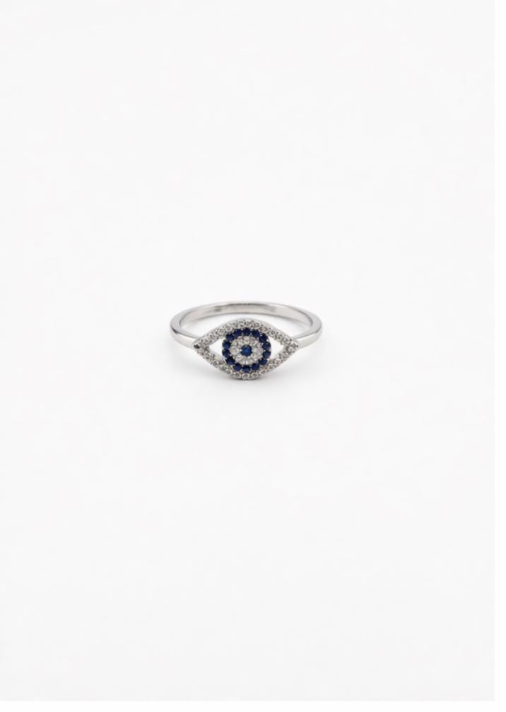 Silver Evil Eye Ring – Blue Zircon Center, Dainty Protective 925 Silver Band