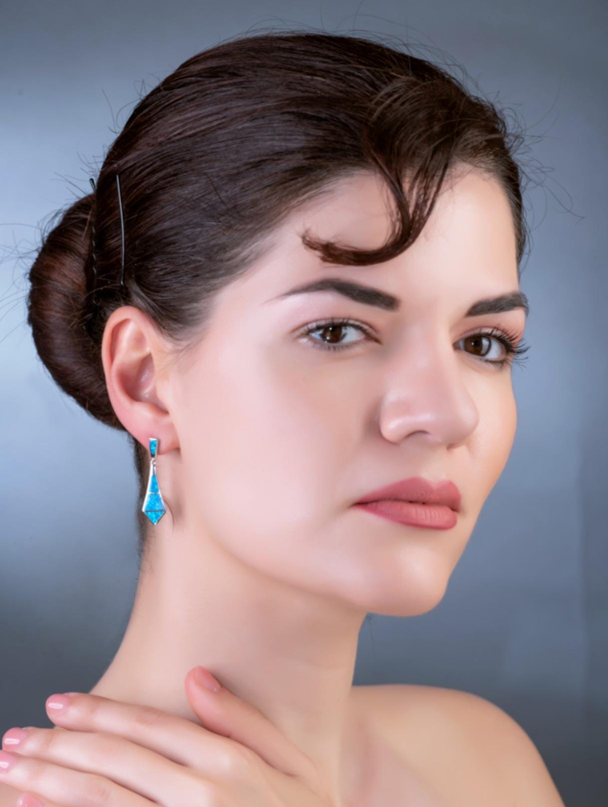 Blue Opal Sterling Silver Dangle Earrings: Greek Geometric Design