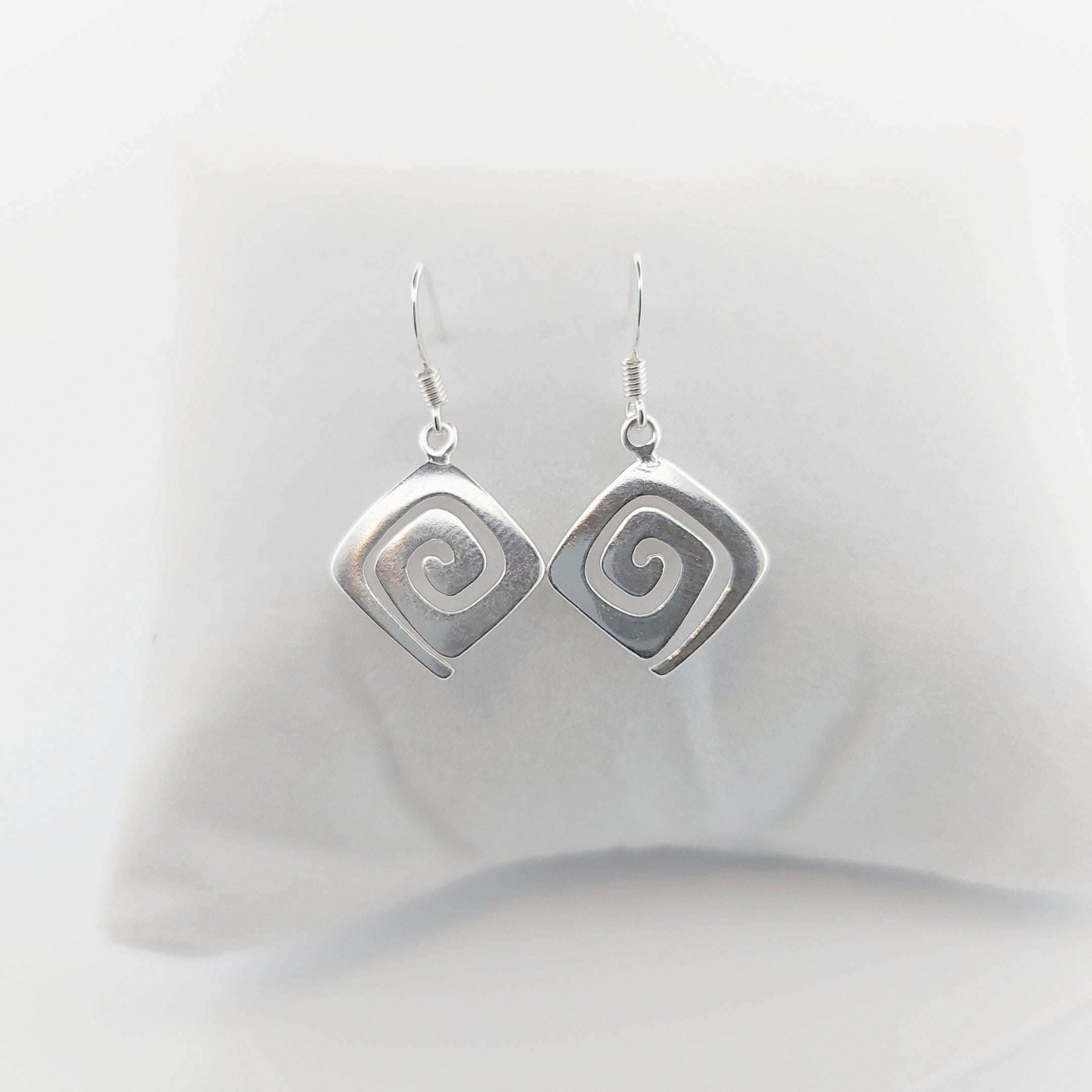 Sterling Silver Greek Key Earrings: Handcrafted Spiral Dangle