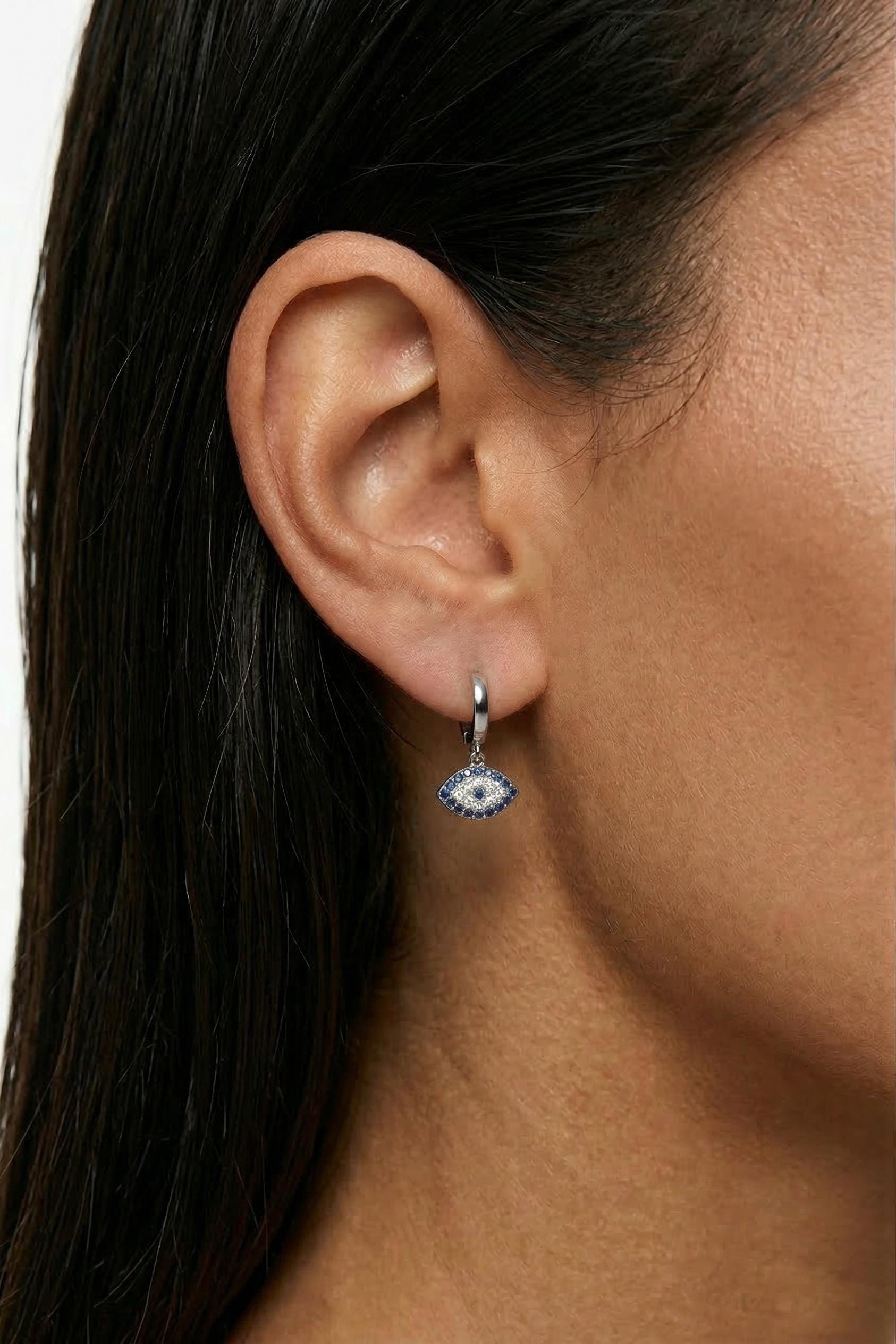 Evil Eye Hoop Earrings Sterling Silver Huggie With Blue Zirconia Charm