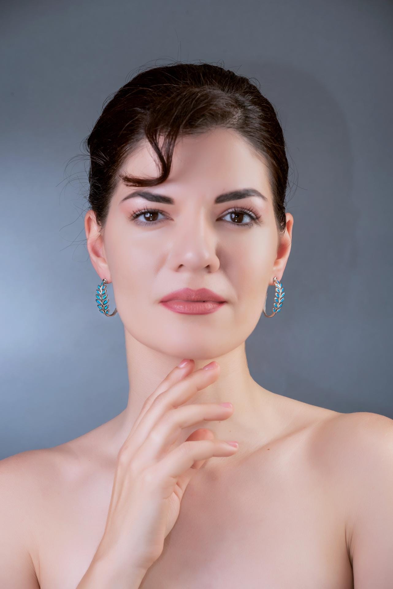 Opal Inlay Olive Leaf Hoop Earrings: 925 Sterling Silver, Greek Design