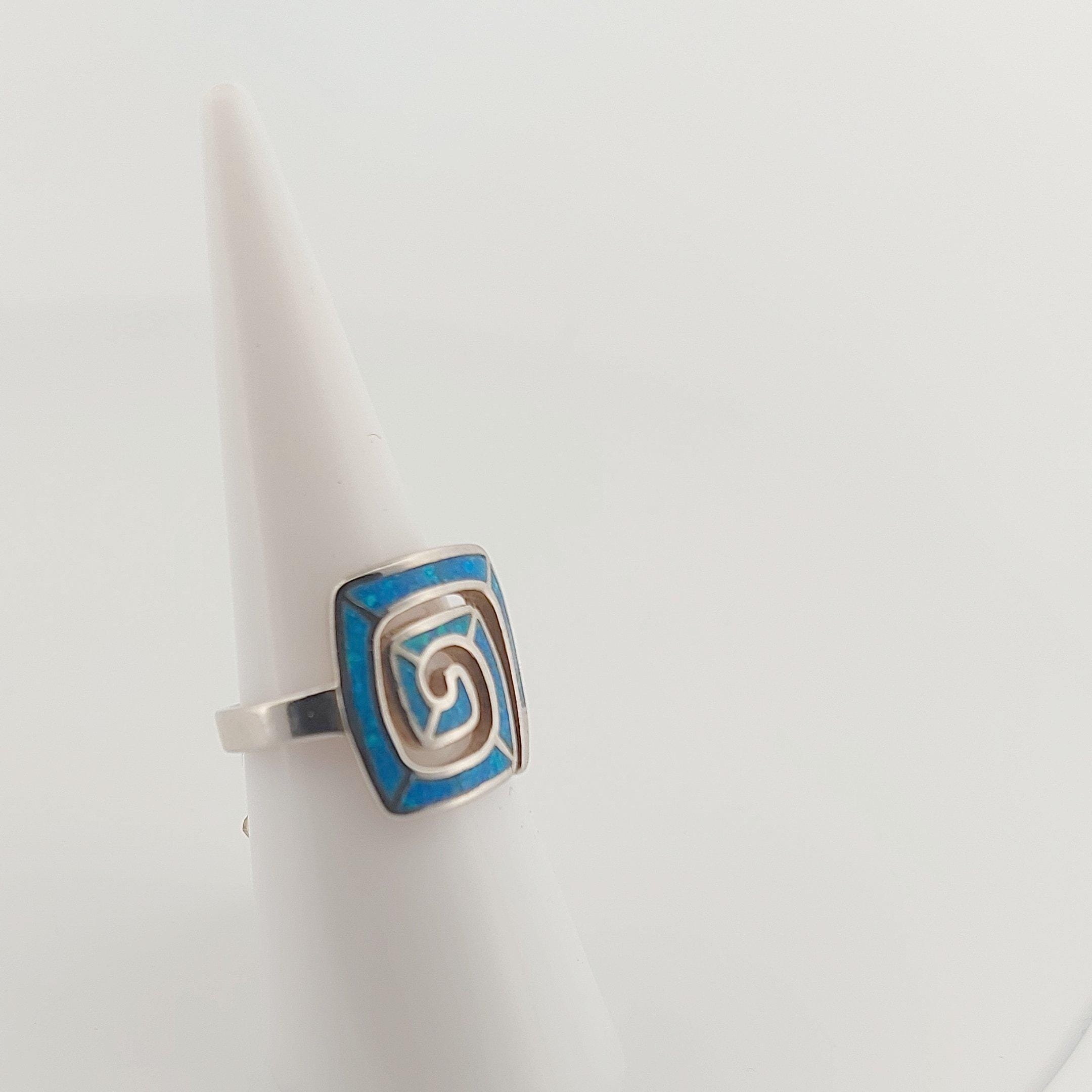 Sterling Silver Blue Opal Ring, Greek Key Meander Design, Rectangle Statement Ring