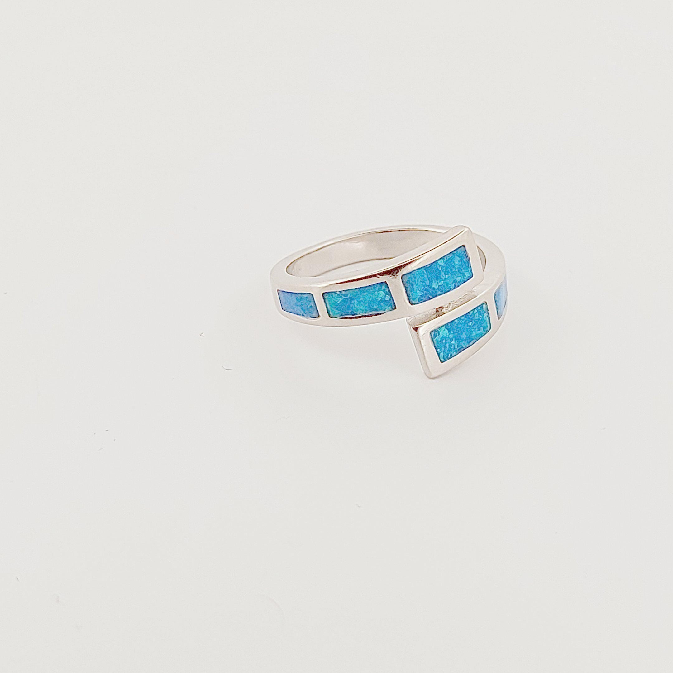 Silver Opal Ring, Inspired from Greek Colors, Elegant Wrap-around Design