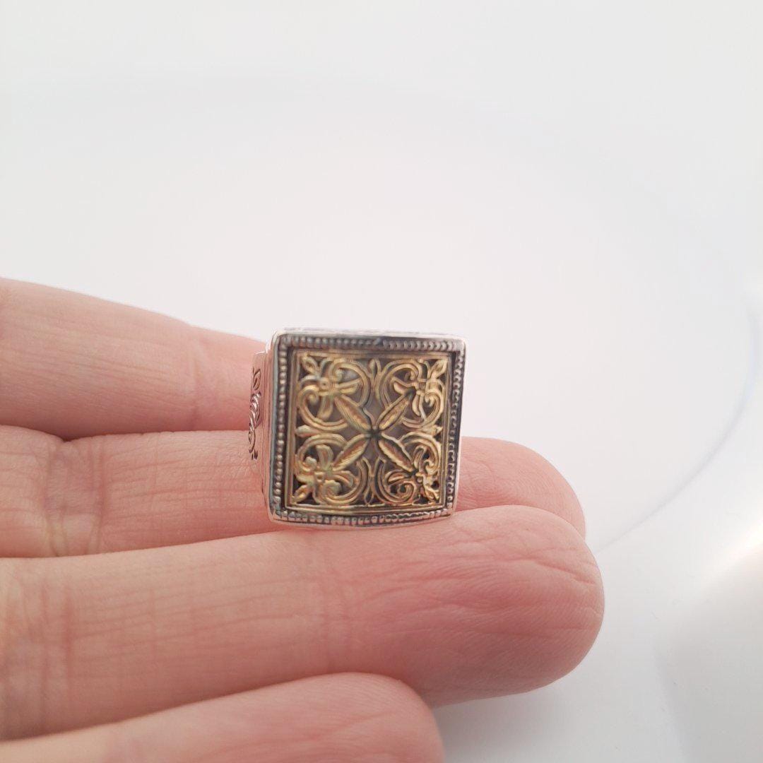 Byzantine Gold Ring - Ornate Filigree Square Cross Wide Band Silver Statement