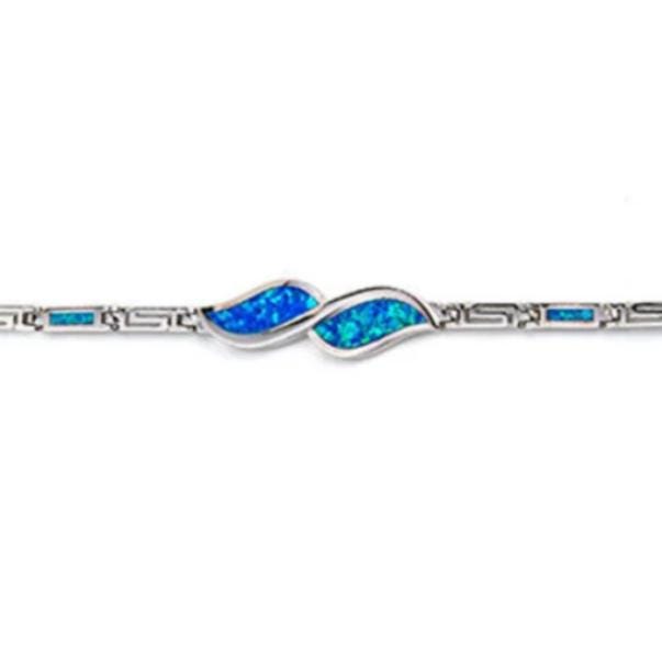Blue Opal Leaf Greek Key Bracelet, Sterling Silver 925, Meander Design Bracelet
